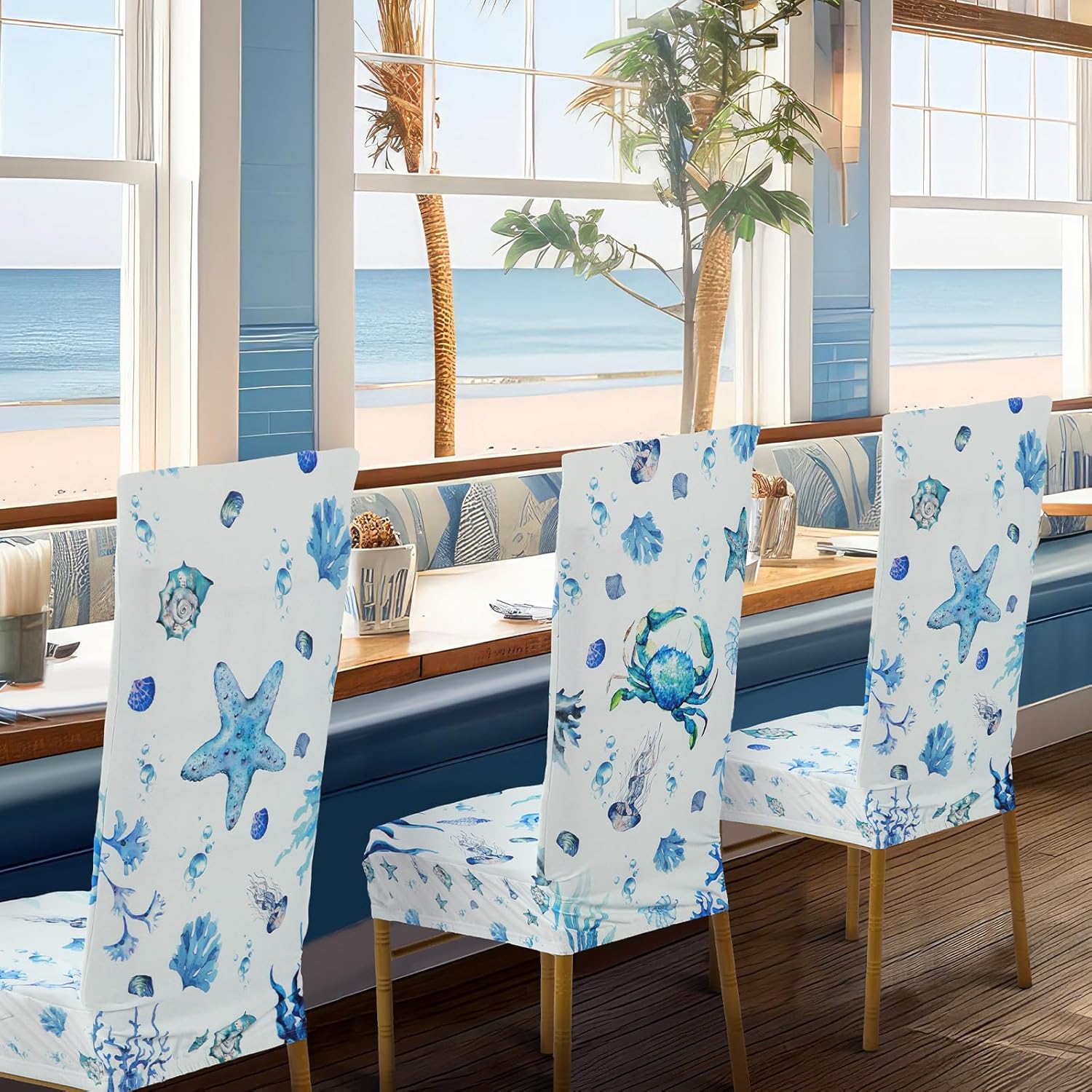 SmoothNovelty 6 Pcs Ocean Chair Covers Marine Organism Stretch Chair Cover Sets Coastal Chair Covers Washable Removable Chair Slipcover for Dining Room Restaurant Banquet Home Decor, 6 Styles
