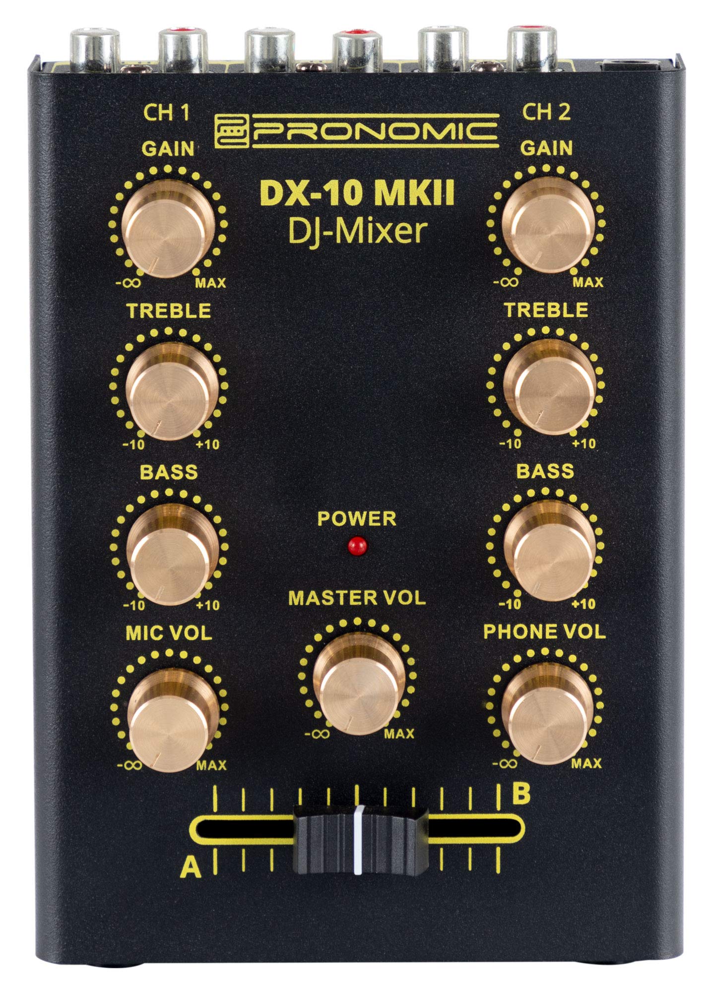 Pronomic DX-10 MKII DJ Mixer - kompakter 2-Kanal-DJ-Mixer mit zwei Line-Eingängen und 2-Band Equalizer - Mikrofoneingang mit separatem Laustärkeregler - Master- und Kopfhörer-Ausgang - schwarz