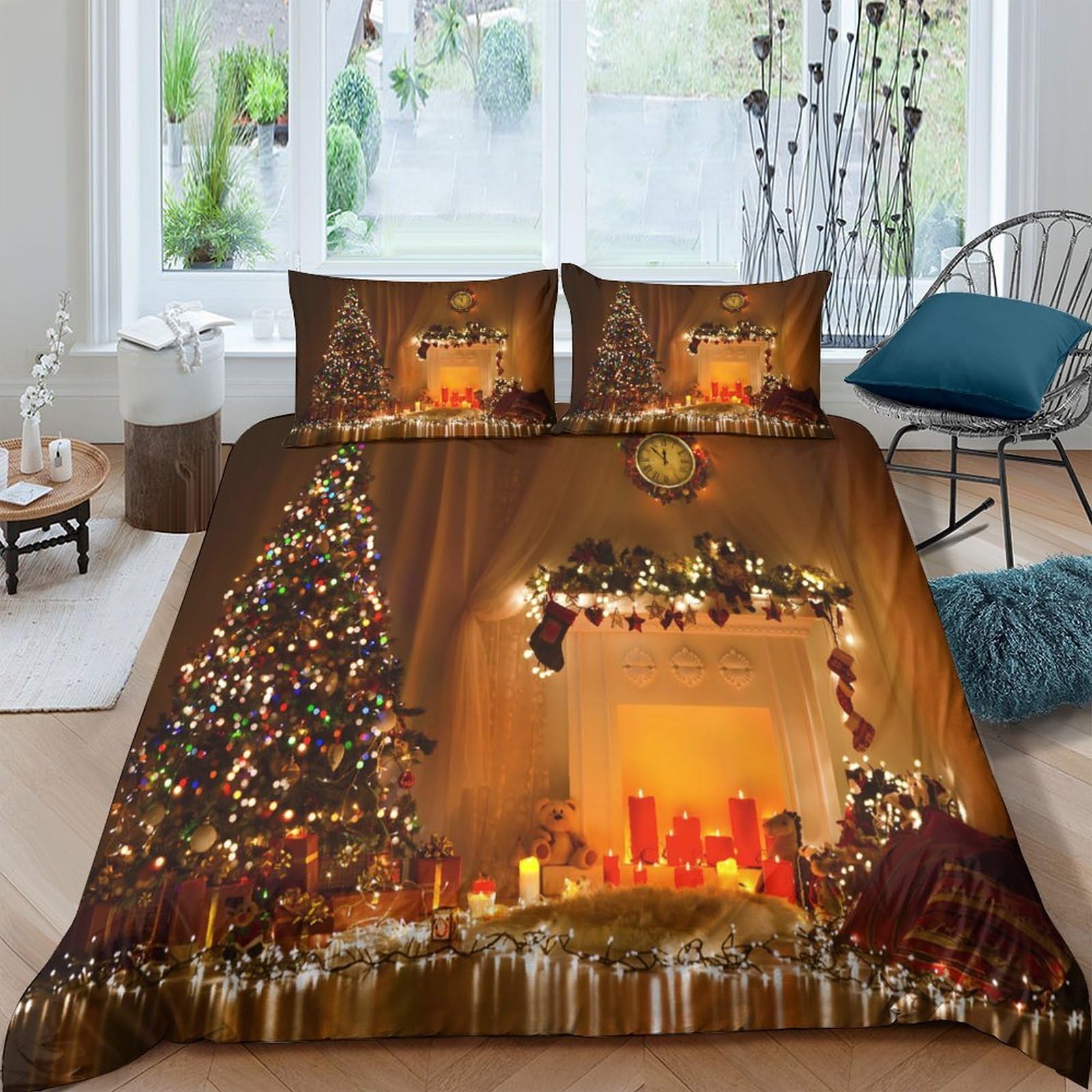 Ctjqhvkz Style-1 3D Printed Christmas Fireplace Fitted Sheet Microfiber Soft Breathable Christmas Tree Bed Sheet For Bedroom Guest Room Decor Single（135X200cm）