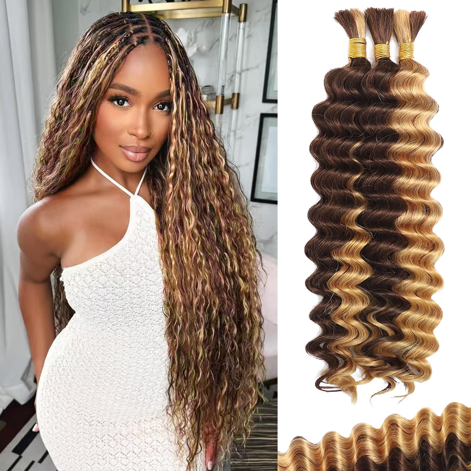 Afihond Human Braiding Hair For Boho Braids Deep Water Wave Human Bulk Braiding Hair 12A Brazilian Virgin Human Hair Extensions for Boho Braids 3 Bundles/Pack 110g 4P27 Highlight Ombre Balayage 22inch