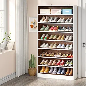 Tribesigns 9 Tiers Tall Shoe Cabinet, 40-45 Pairs Heavy Duty Wood Freestanding Shoe Storage Cabinet, 70.8'' Tall Cabinet with Open Storage for Entryway (White/Brown)
