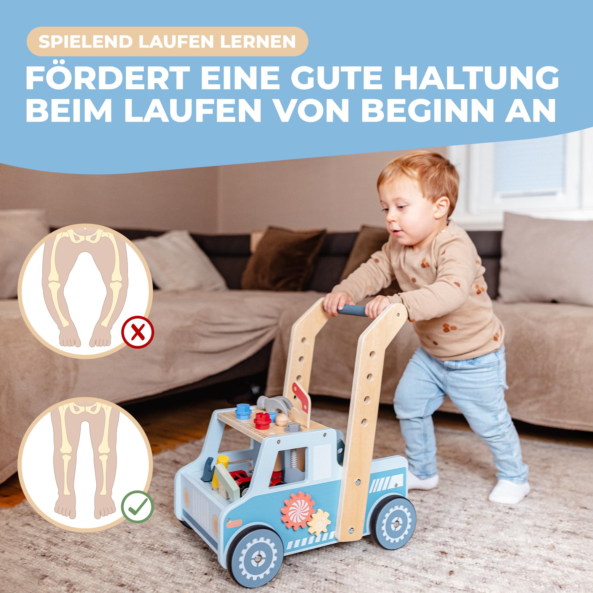 Lauflernwagen aus Holz – Stabiler Schiebewagen mit gebogenem Griff – Motorikspielzeug für Jungen & Mädchen – Montessori Spielzeug ab 1 Jahr - 3 in 1 Walker