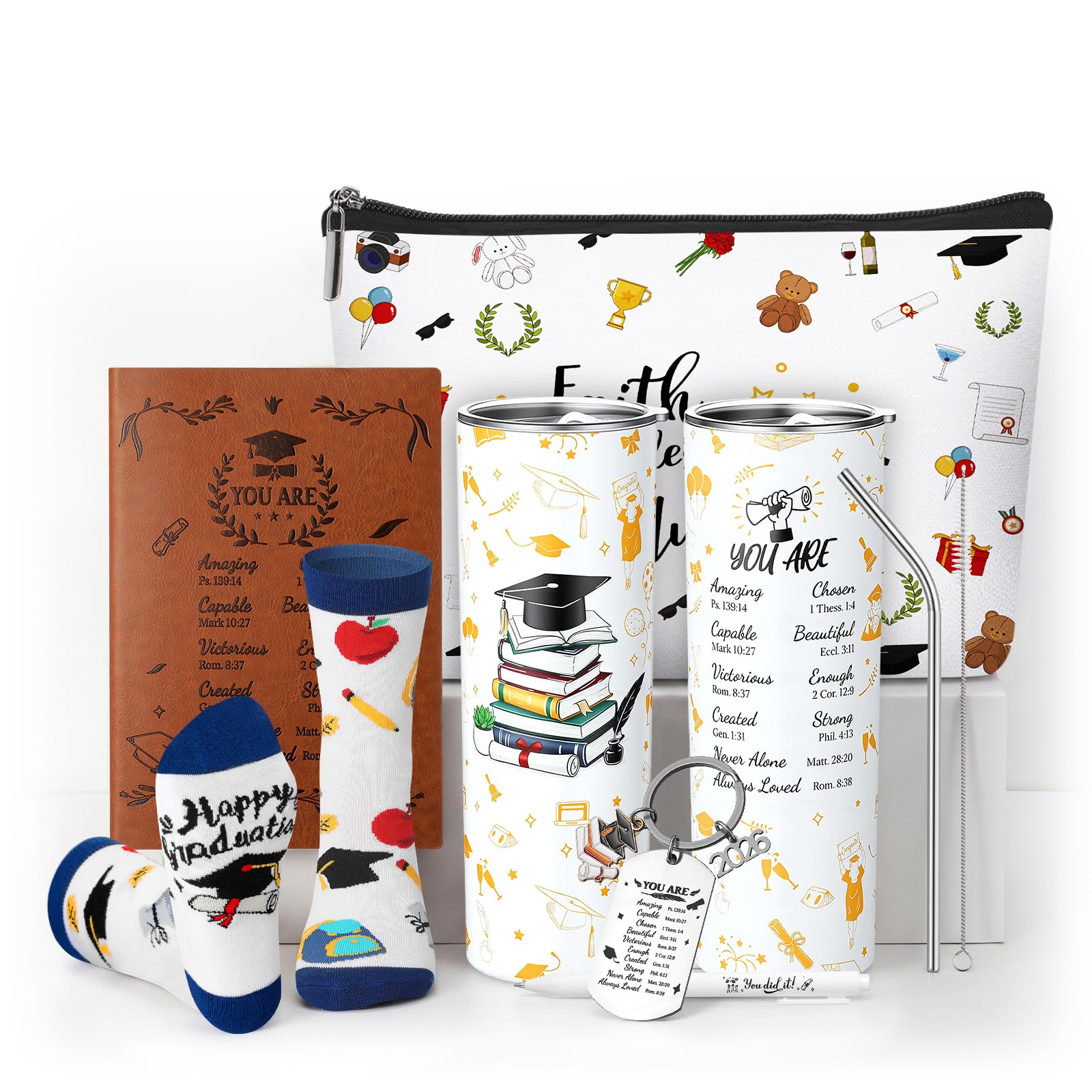 Patelai 6 Pcs 2026 Christian Graduation Gifts Set Congrats Grad Gift Basket for College High School Bible Verse Graduation Gift with Tumbler Keychain Makeup Bag Notebook Pen Sock for Graduates Her Him