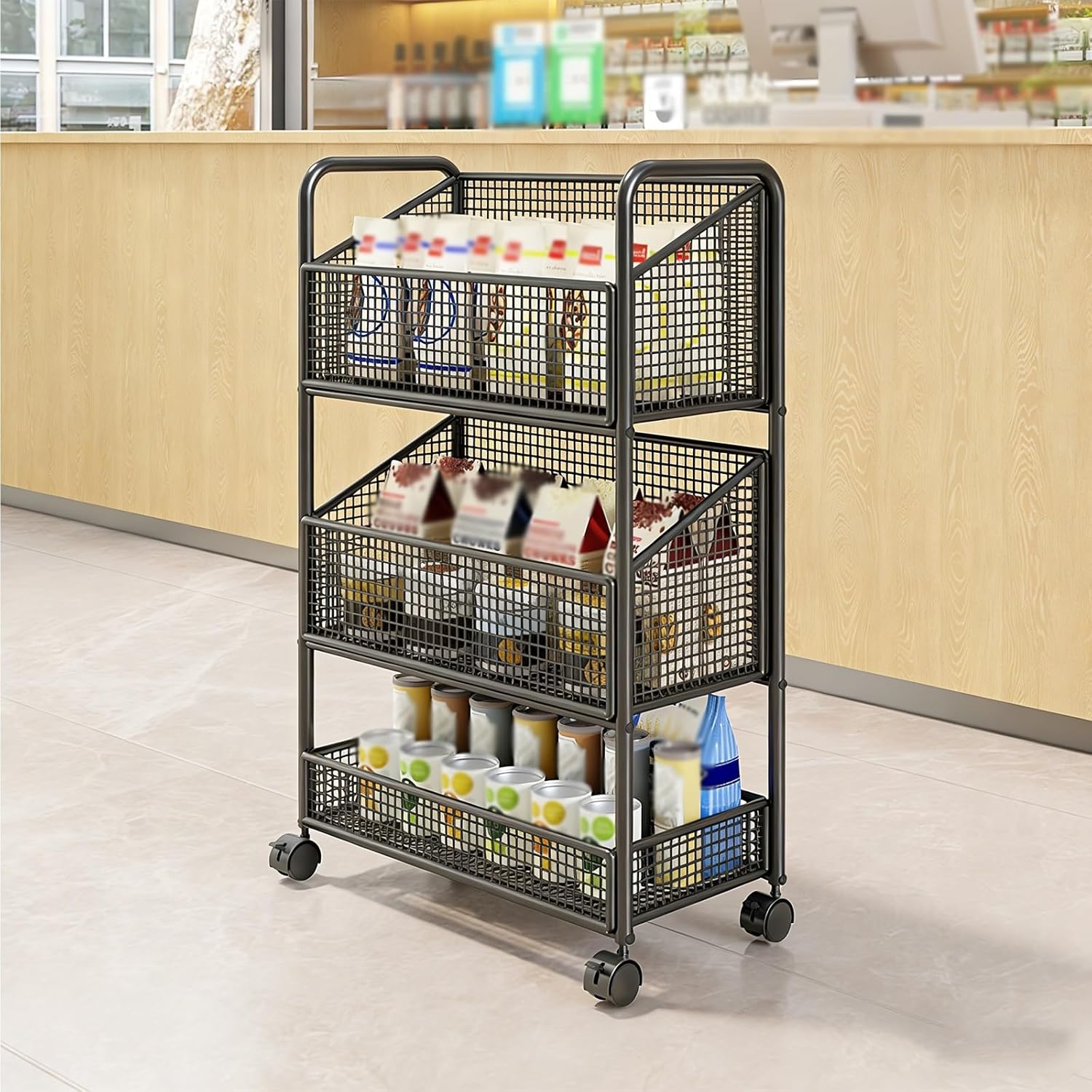 Retail Display Rack with Wheels, Convenience Store Snack Display Stand, Slanted Basket Design, Fruit Vegetable Snack Retail Basket Shelf for Kitchen, Market, Home(Black,3-Layer)