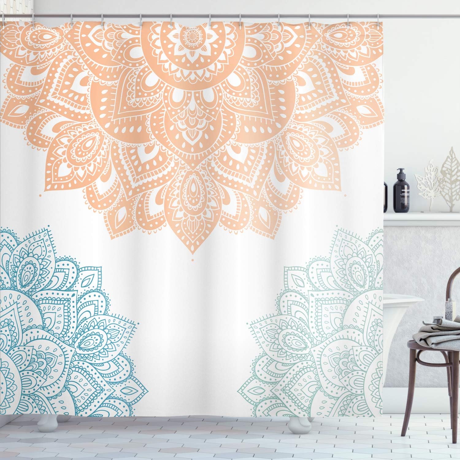 Ambesonne Flora Shower Curtain, South Mandala Design Vibrant Color Ornamental Illustration, Cloth Fabric Bathroom Decor Set with Hooks, 69" W x 75" L, Pale Rust