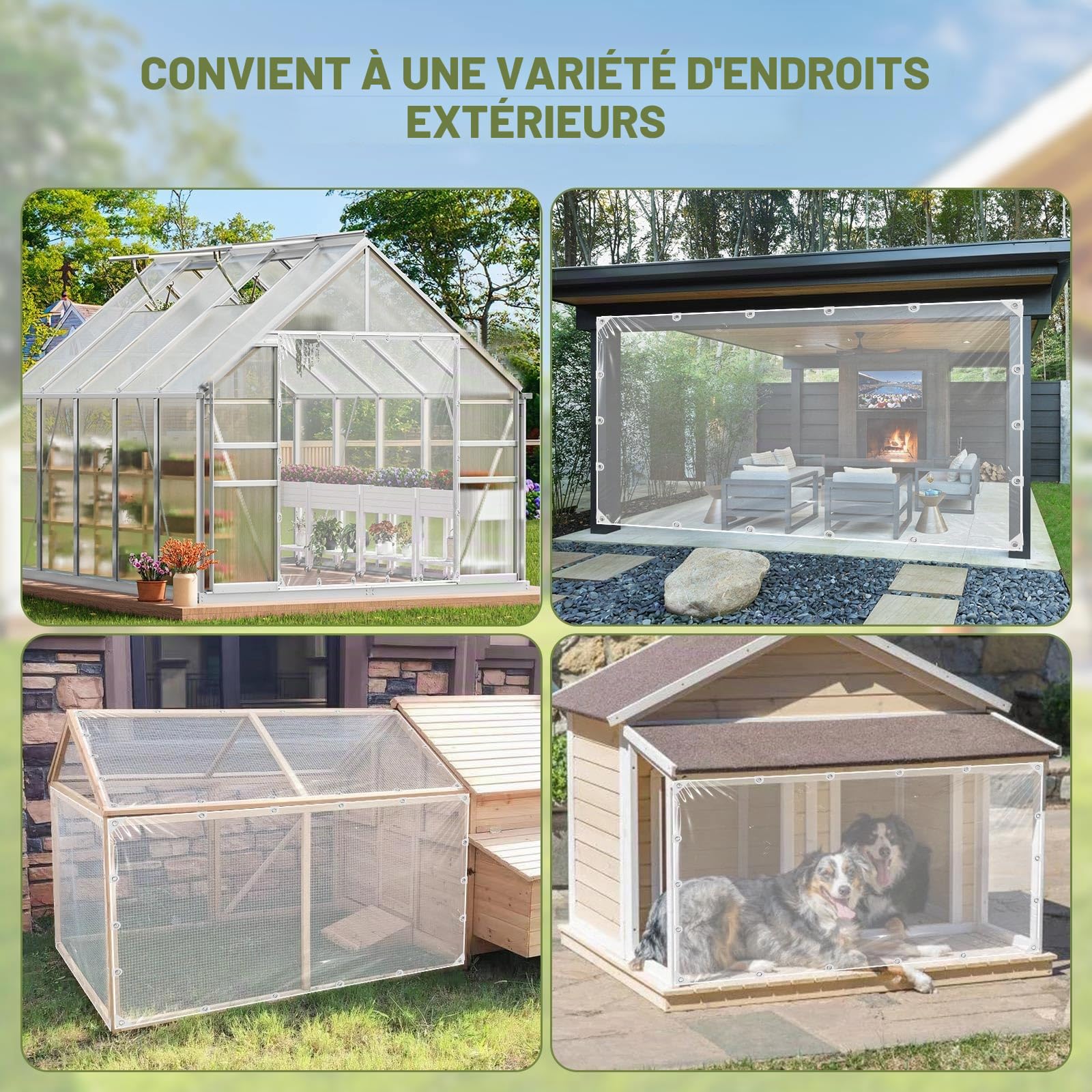 Bâche Transparente avec œillets, en PVC, 420 g/m², avec 20 Serre-câbles, 10 m de Corde de Fixation, 12 Bandes élastiques avec Boules, 8 Crochets élastiques (2 m x 3 m, Crochets)