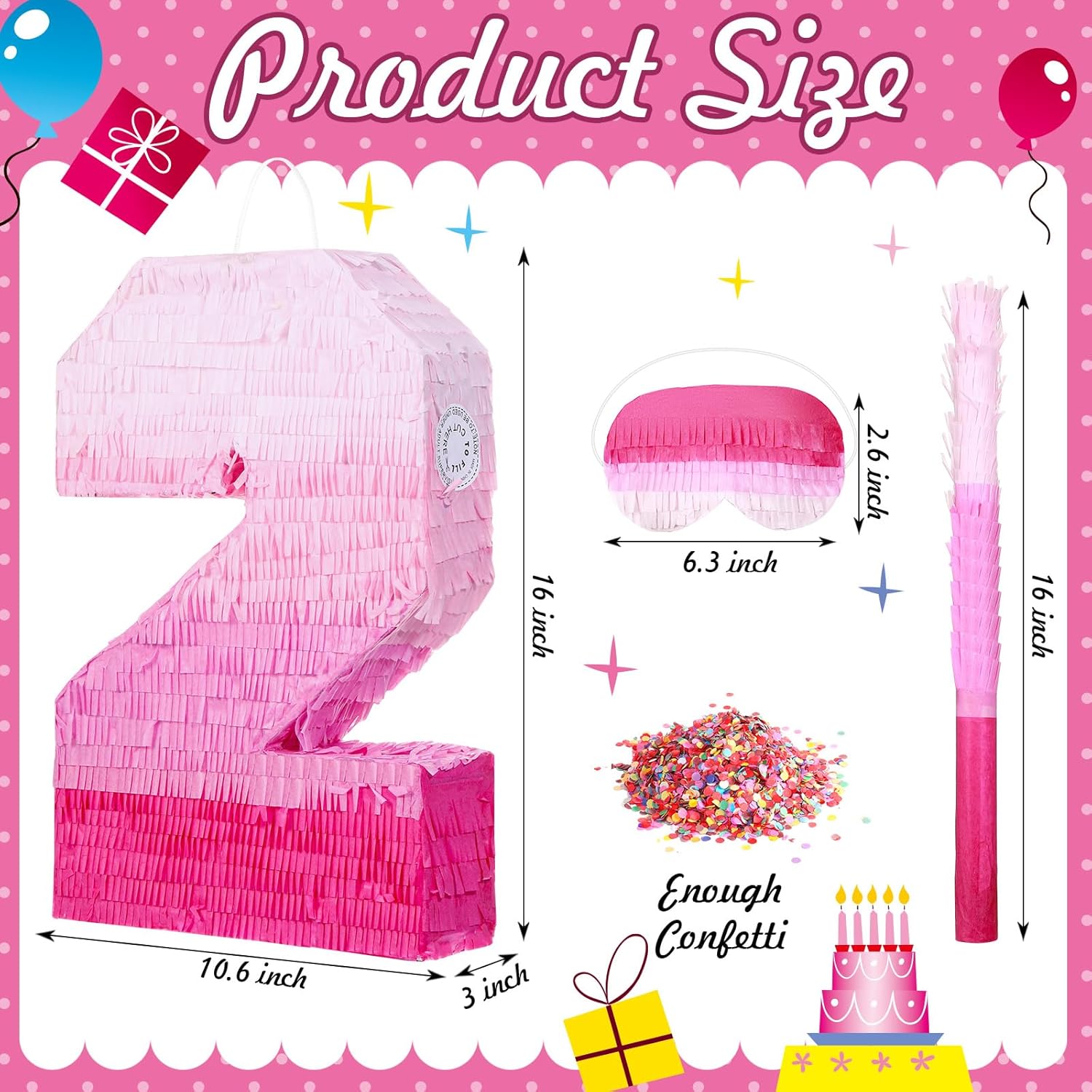 Sratte Number Piñata Pink Piñata Birthday Decorations Gradient with Stick Blindfold Confetti for Girls Boys Birthday Anniversary Party Decorations Supplies(Number 3)