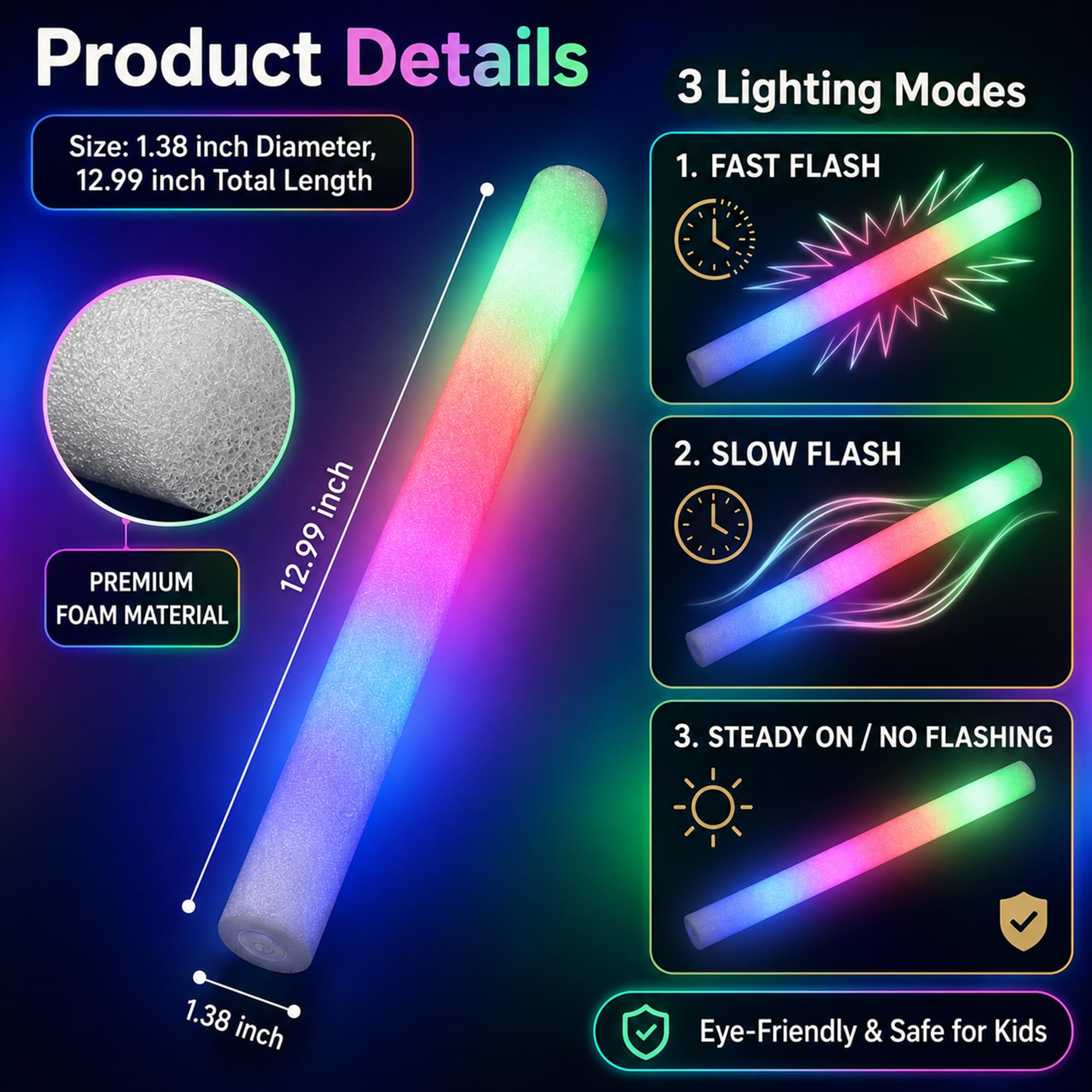 50 Pezzi Bastoncini Luminosi LED in Schiuma Lampeggianti 3 Modalità Colore Tubi Luminosi per Matrimonio e Neon Party Gadget Articoli per Feste Compleanno Concerto Halloween Natale