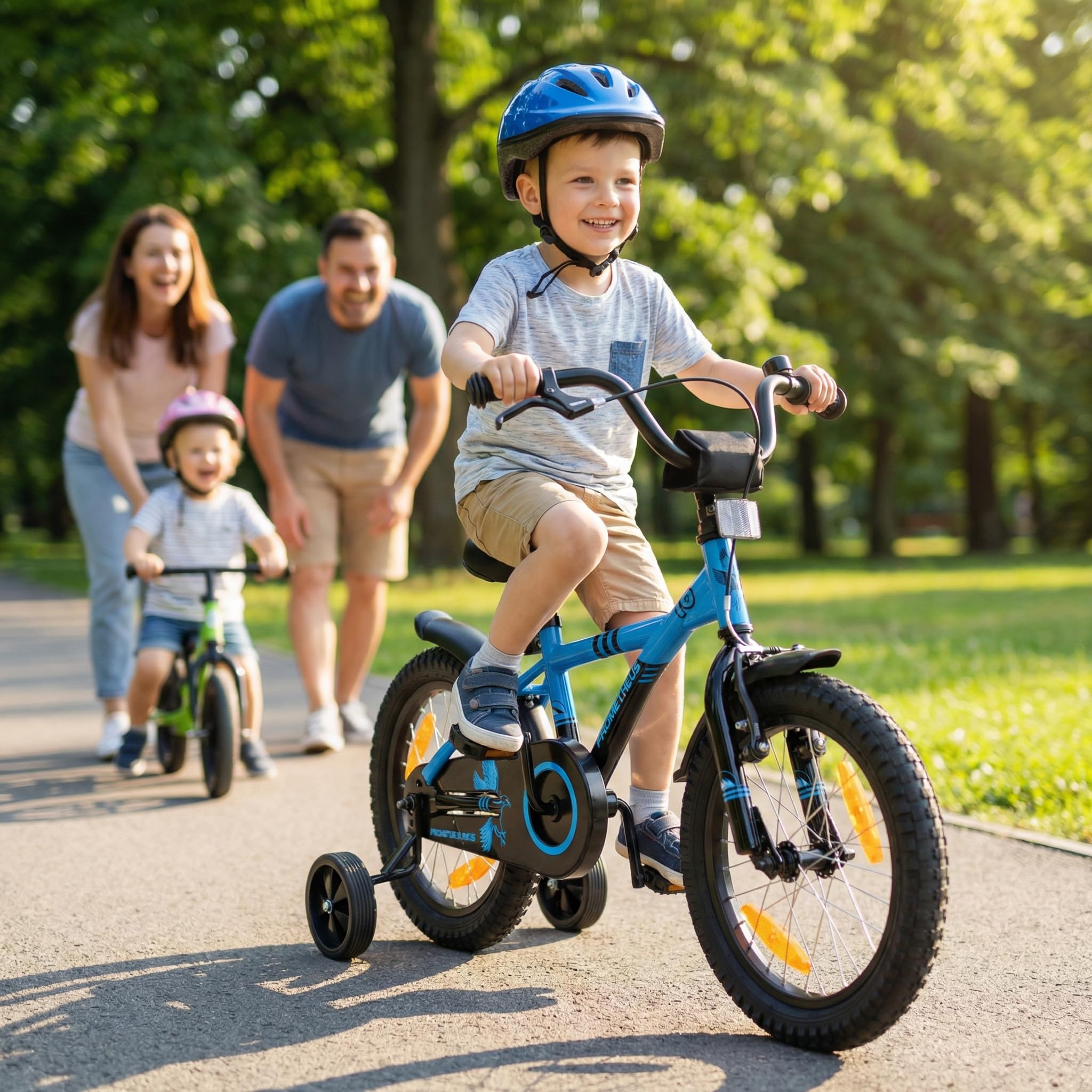 PROMETHEUS BICYCLES Velo 16 Pouces Garcon Fille Velo Enfant 16 Pouces pour 4 a 5 Ans - Vélo BMX avec Frein à rétropédalage, Roues stabilisatrices en Bleu Noir