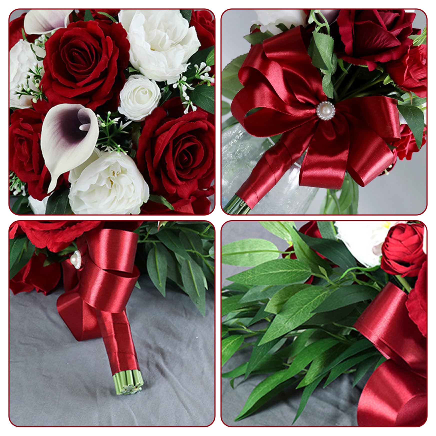 Bouquet da sposa per la sposa, cascata di rose di giglio di calla rosso vino bianco, bouquet a cascata artificiale rustico per cerimonia di matrimonio anniversario