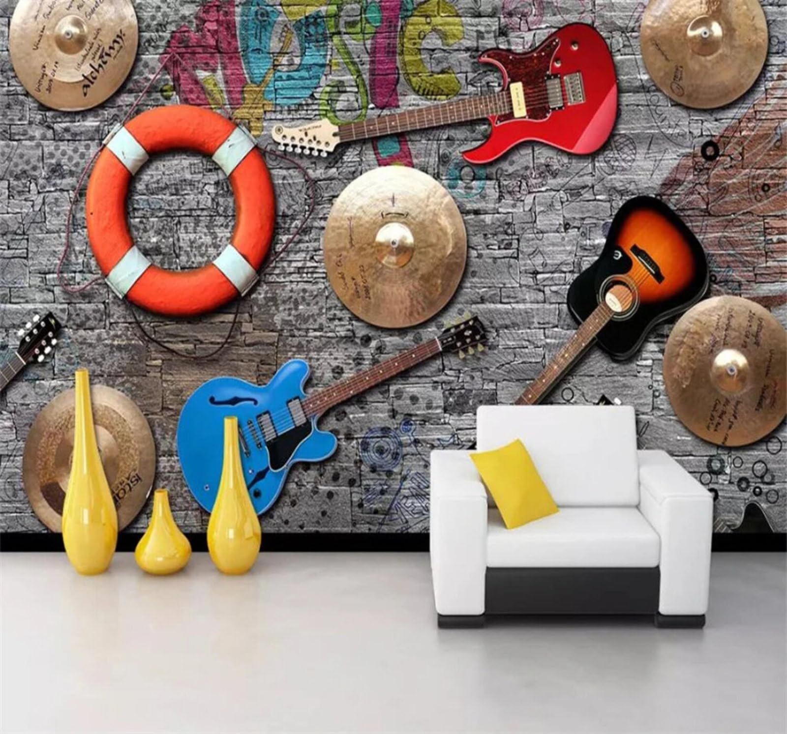 Wallpaper-3D-Xlm 300Cm×210Cm(B×H) Vintage Guitar Brick Wall Musical Instrument Music 3D Wallpaper Easy Install Feature Office Living Room Sofa Bedroom Tv Background Wall Decoration-300Cm×210Cm