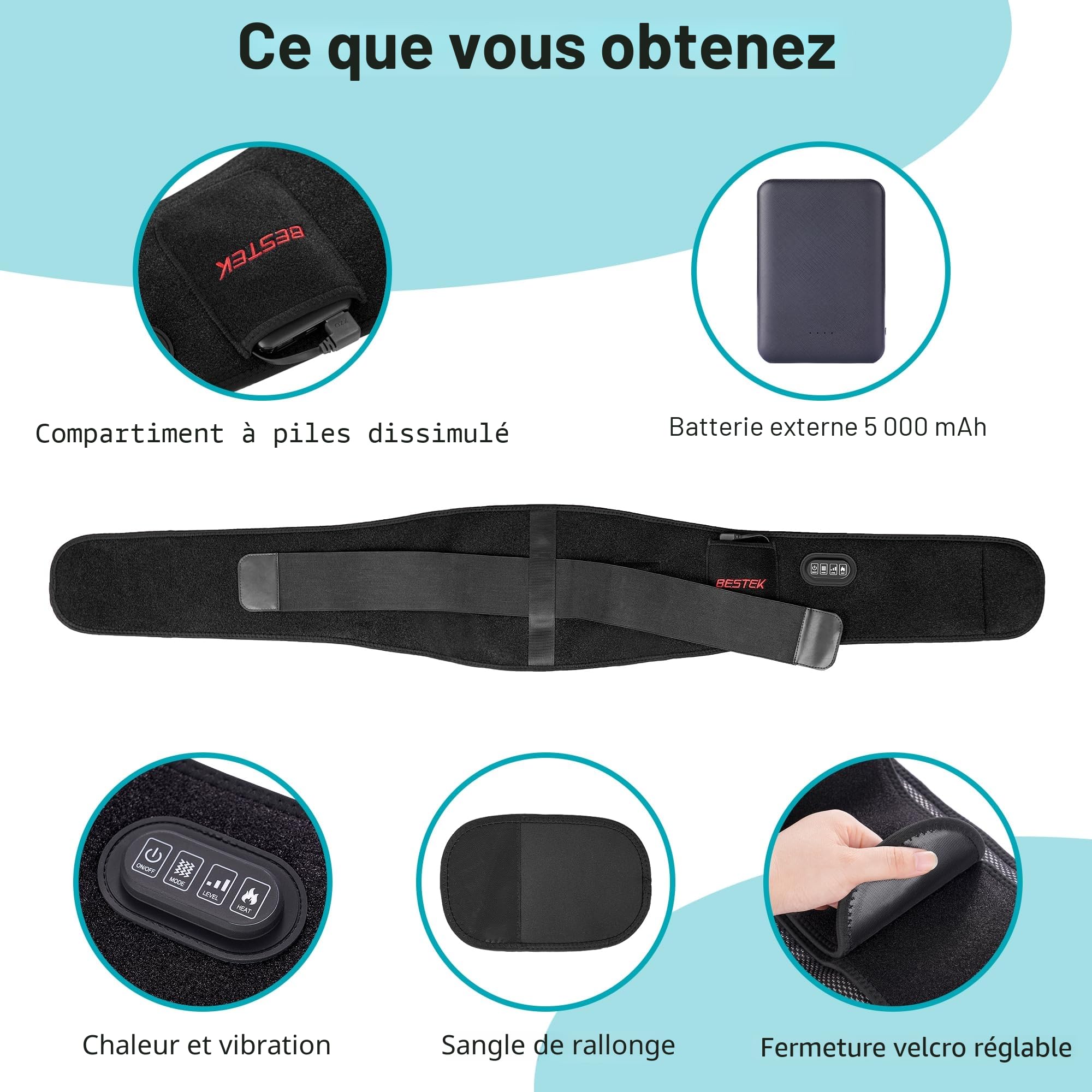 Ceinture Chauffante Lombaire Sans Fil avec 3 Modes de Massage Dos et 3 Niveaux de Chauffage - Soulagement Efficace des Douleurs Lombaires, Abdominales et des Jambes sciatique,Regles douloureuses