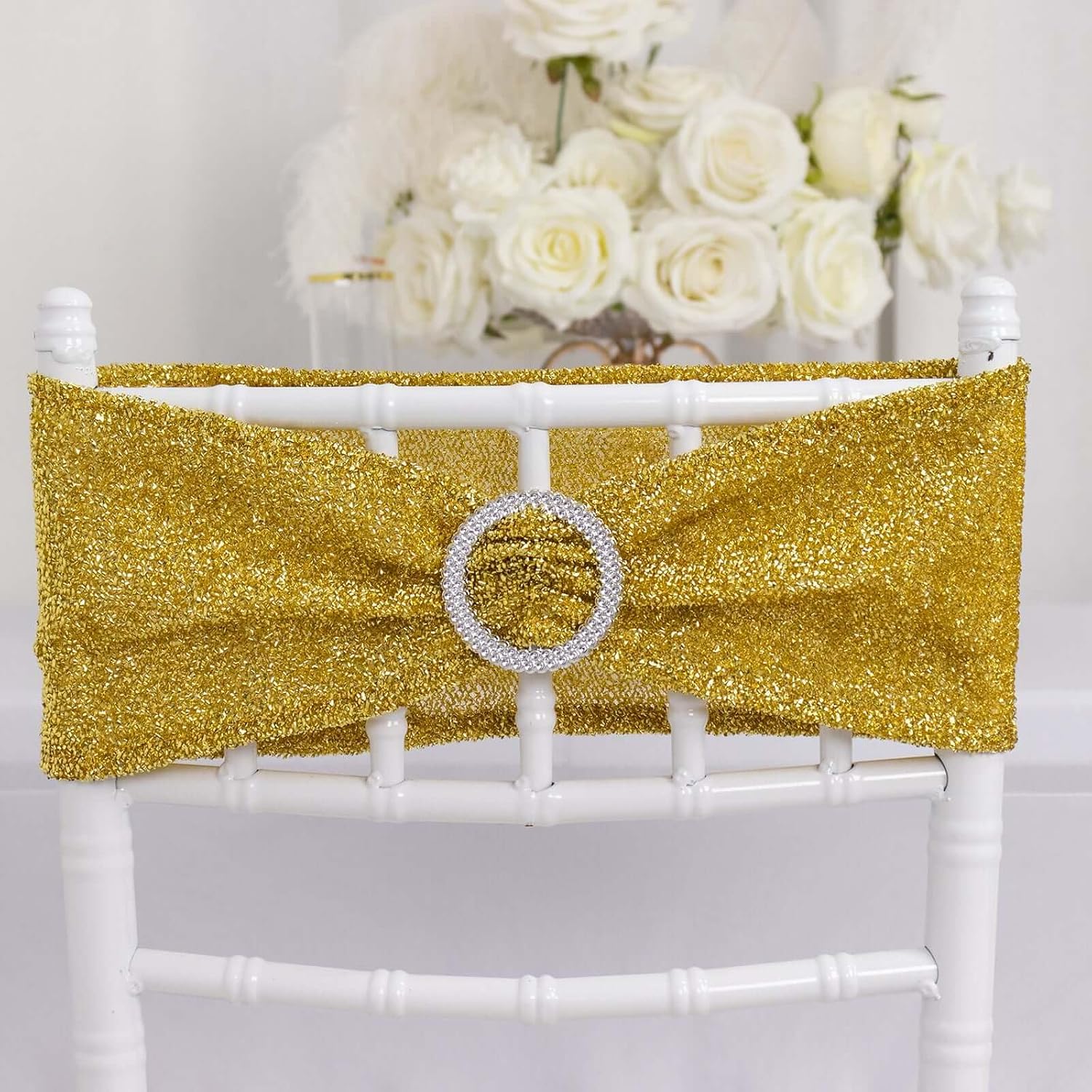 Efavormart 5 Pack | Black Metallic Shimmer Tinsel Spandex Chair Sashes Covers