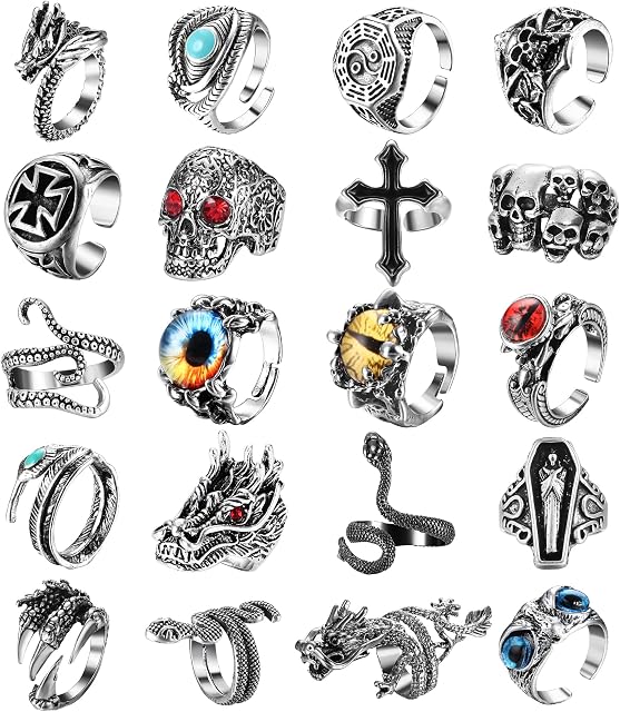 CASSIECA 20Pcs Vintage Punk Rings for Men Women Adjustable Open Gothic Knuckle Rings Set Y2K Rings Snake Dragon Claw Peacock Rings Retro Jewelry Rings