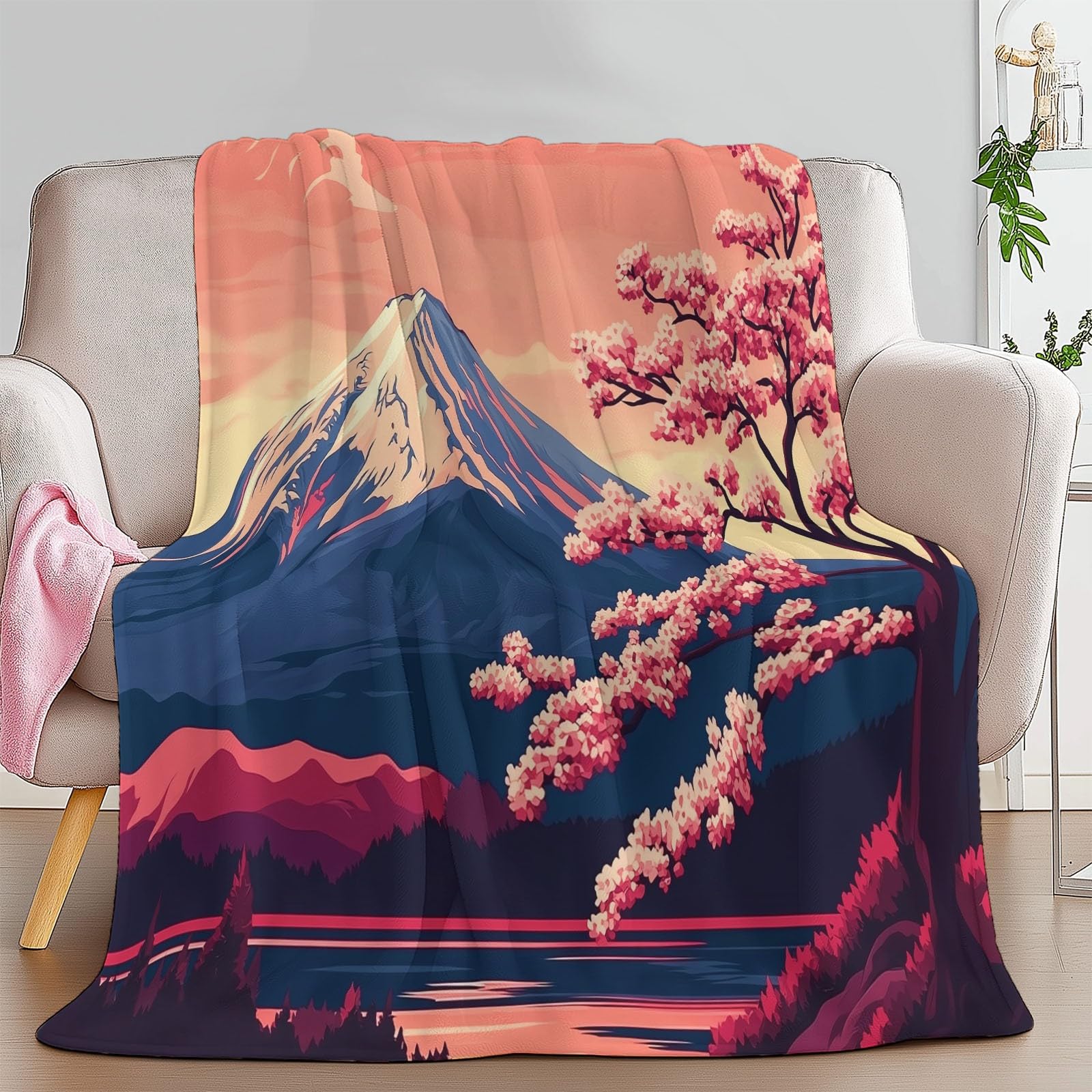 Couverture en Flanelle Cerisiers De Montagne À La Japonaise 180 x 200 cm Couvertures en Polaire en Microfibre Polaire Toutes Saisons pour Voyage Canapé pour Voyager Lit Canapé Enfants Adultes, Kaki