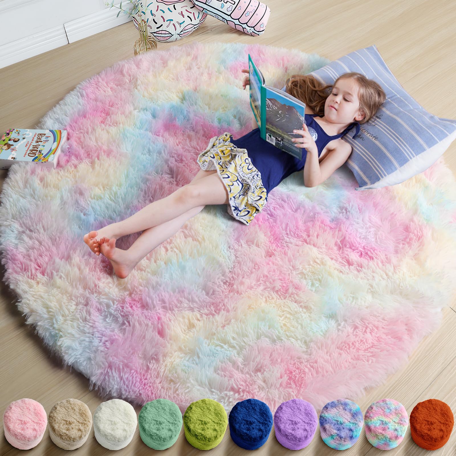 Amdrebio Rainbow Fluffy Round Rug 4Ft Kids Rugs for Girls Bedroom, Unicorn Room Decor, Colorful Pastel Shag Carpet for Preppy Dorm, Cute Fuzzy Kawaii Circle Area Rug, Soft Play Mat for Baby Nursery
