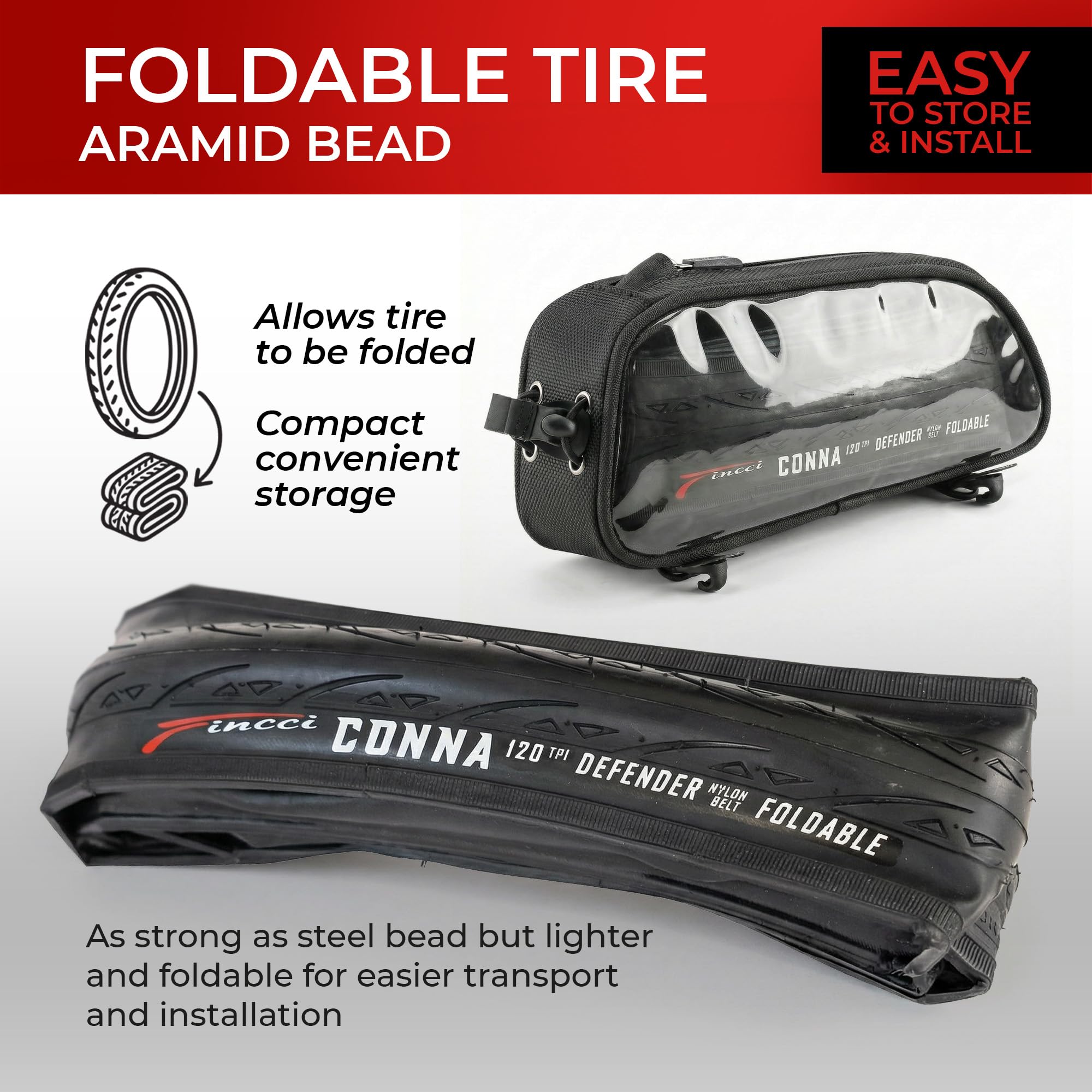 Fincci Conna Pneus 700x25c - Pliable Slick Tires 25-622, 120 TPI avec Protection Anti-crevaison en Nylon 1mm, pour Vélo de Route, Race & Adulte Velo, Electrique & Tournée Bicyclette - Paquet de 2