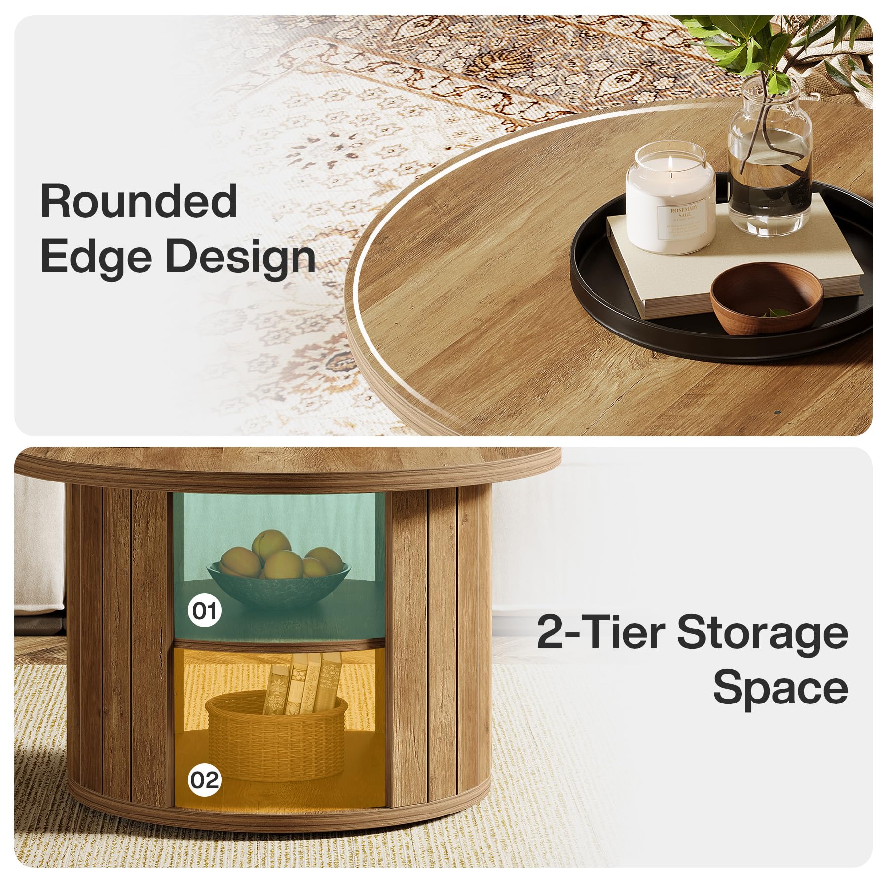 Tribesigns Couchtisch Rund, 80 cm Sofatisch Wohnzimmertisch mit Stauraum, Industrie-Design, Kleiner Tisch Beistelltisch Holz fürs Wohnzimmer, Home Office, Landhausbraun