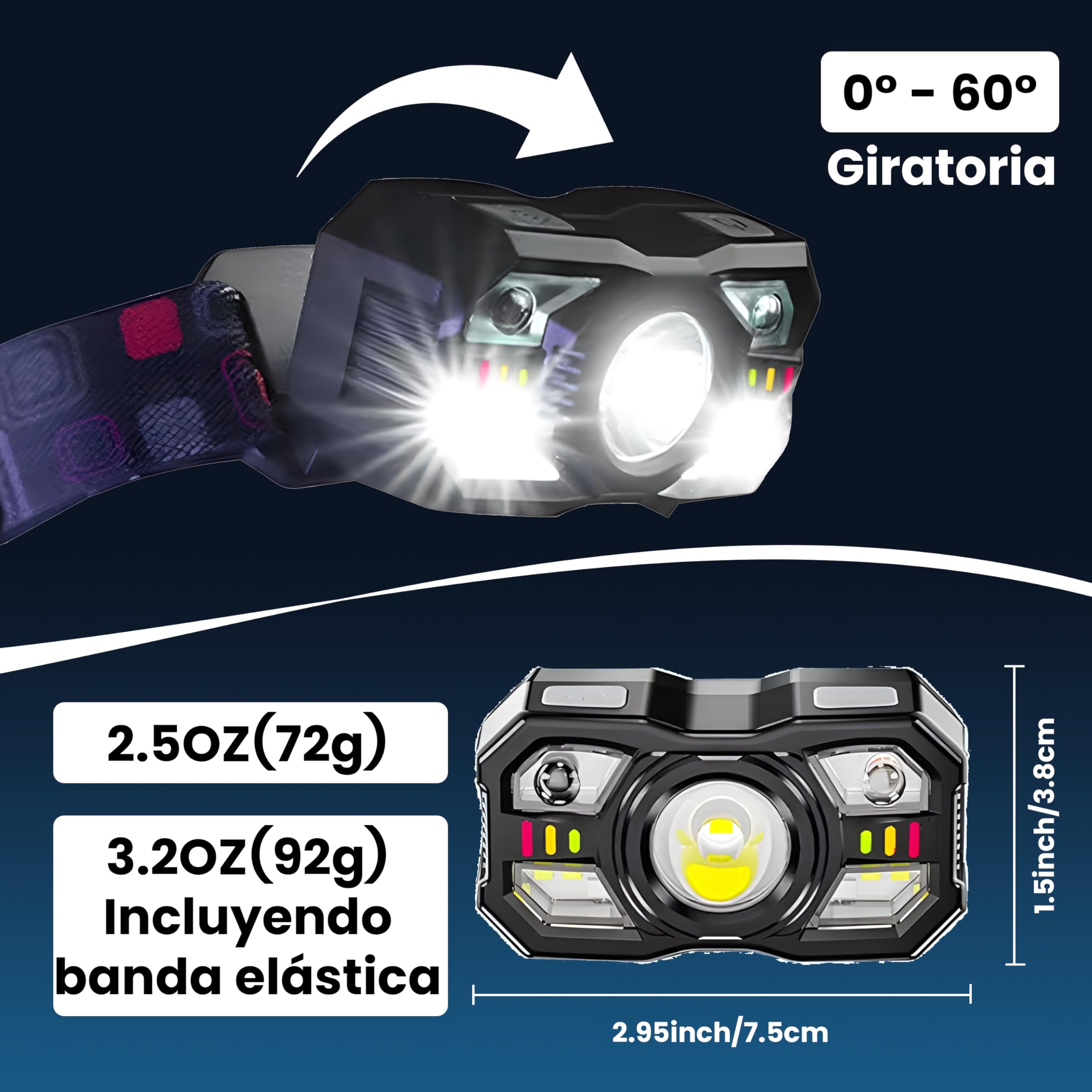 Linterna Frontal LED Recargable Alta Potencia 2000L IPX5 Impermeable 6 Modos Sensor Movimiento