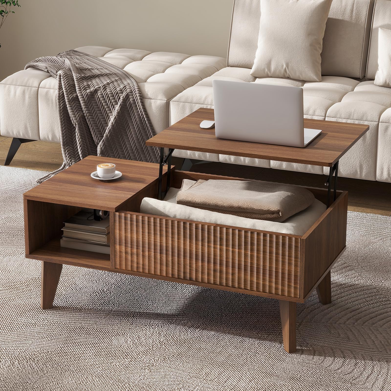 LYNCOHOME Lift Up Coffee Table for Living Room, Center Table, Walnut,Square