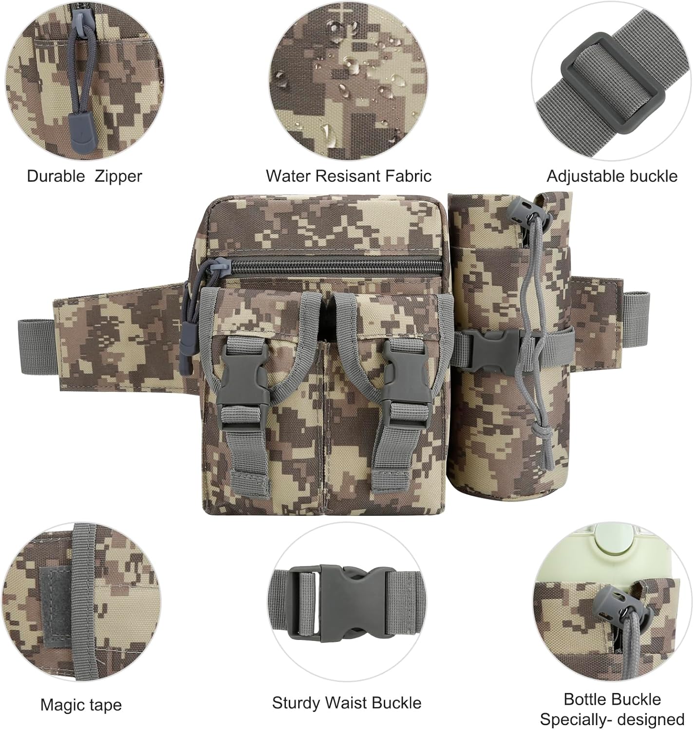 DOB SECHS Hiking Waist Bag with Detachable Water Bottle Holder and Adjustable Waist Belt Oxford Fanny Pack for Men Women Causal Belt Bag for Travel Outdoor Fishing Running Hiking Hunting,Camouflage-B - Image 5