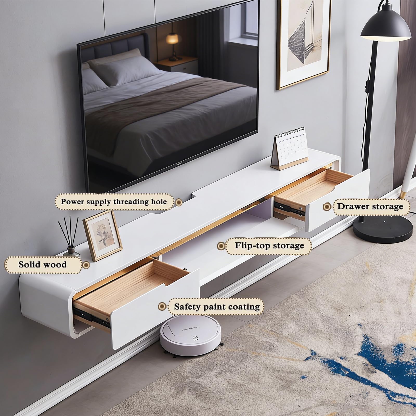 Mueble de TV Colgante de Madera Maciza, Estante Flotante Moderno con 2 Cajones, Orificios para Cables, Bordes Redondeados, Salón Dormitorio (A Negro, 140CM)