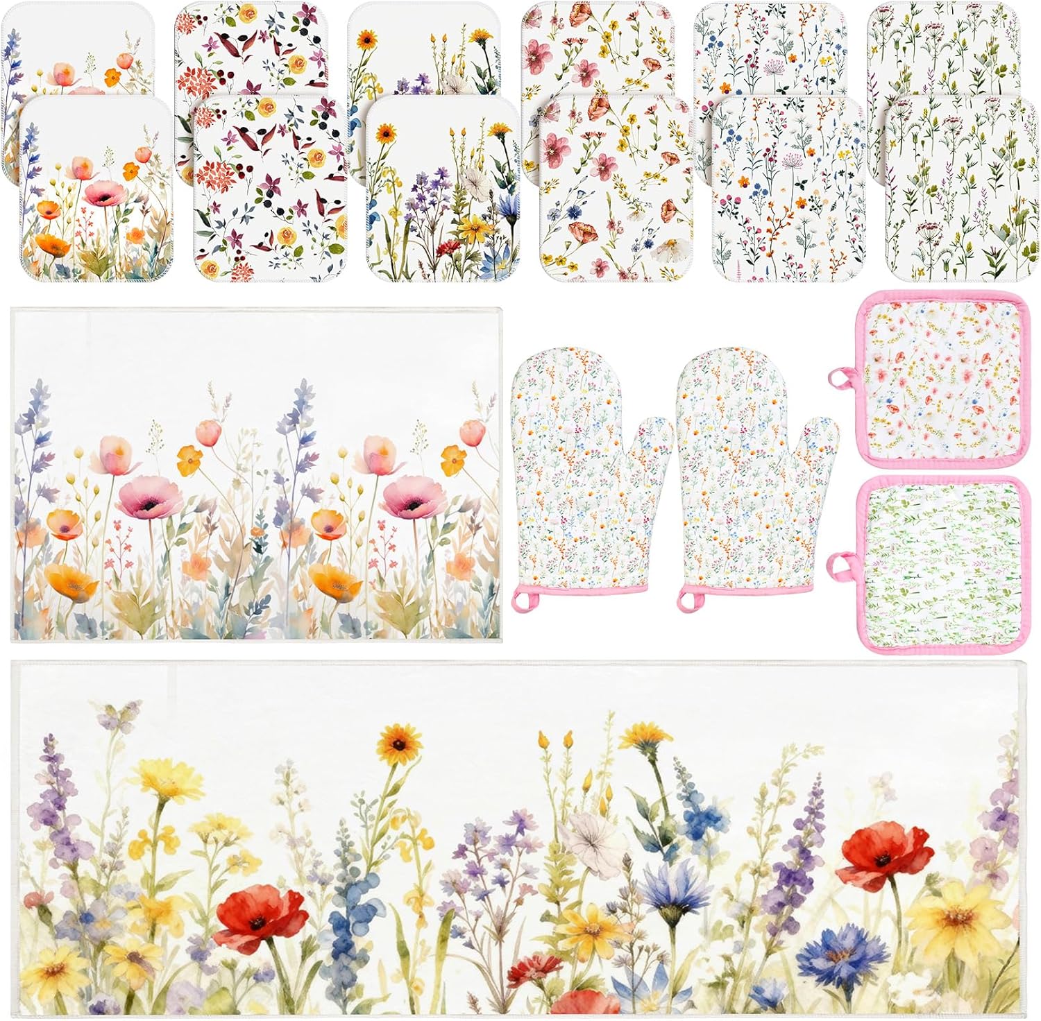 18 Pcs Wildflower Kitchen Decor Accessories Set 12 reuseable Towels 2 Non Slip Rugs 2 Oven Mitts and 2 Pot Holders Floral Kitchen Decor for Women Mom Daughter Gift for Baking Cooking