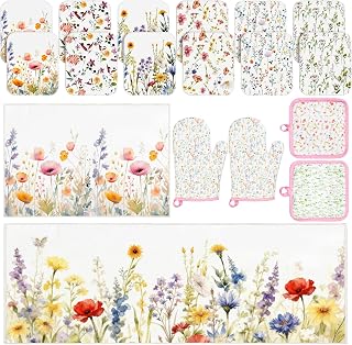 18 Pcs Wildflower Kitchen Decor Accessories Set 12 reuseable Towels 2 Non Slip Rugs 2 Oven Mitts and 2 Pot Holders Floral Kitchen Decor for Women Mom Daughter Gift for Baking Cooking