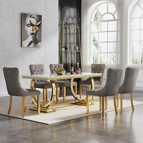 Miniatura 20 de Juego de mesa de comedor moderno de 7 piezas para 6, mesa de comedor de mármol blanco de 68 pulgadas para 6 personas con sillas de terciopelo gris