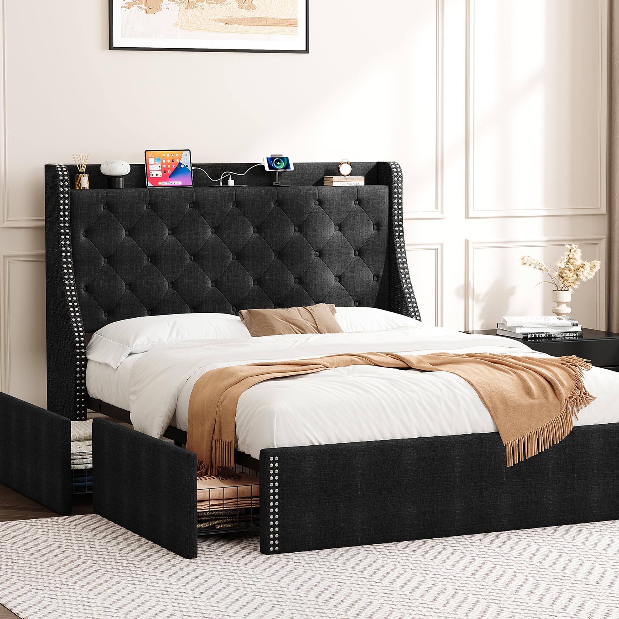 Reljofum Upholstered Full Bed Frame with 4 Storage Drawers，Wingback Headboard with Charging Station, Diamond Stitched Button Tufted Design, No Box