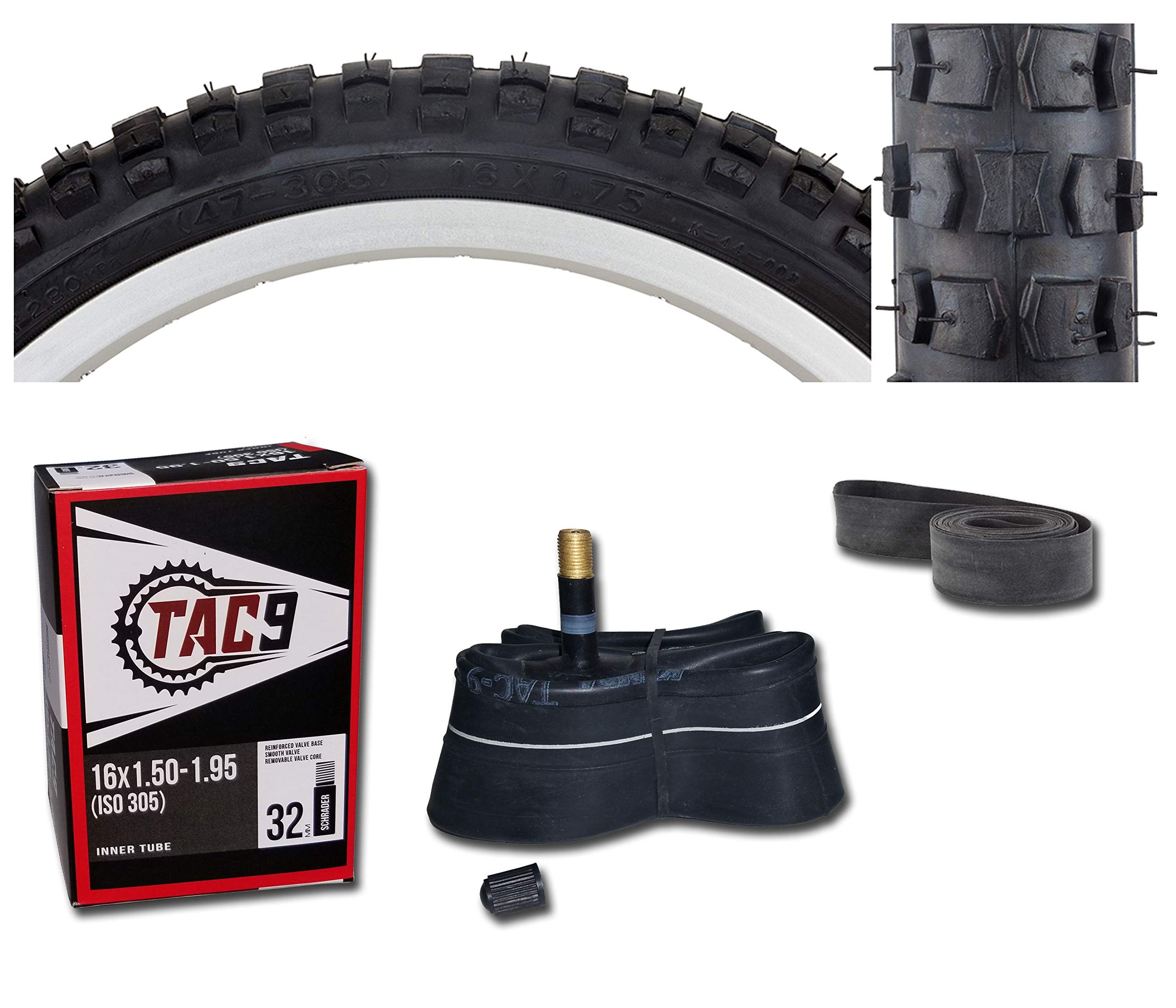 '16'' Tire Combo - Tire, Tube and Rim Strip - 16'' x 1.75'' - 6 Different Tread Patterns to Choose from - 1 or 2 Pack - Bundle Package by TAC 9 Bicycle Products'