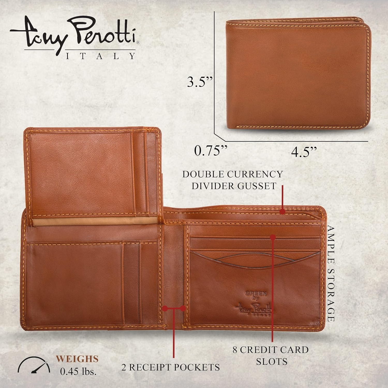 Tony Perotti Men's Italian Leather Bifold Wallet With Card Holders, Pockets, ID Window - Eco-Friendly Vegetable-Tanned Full Grain Leather Wallet