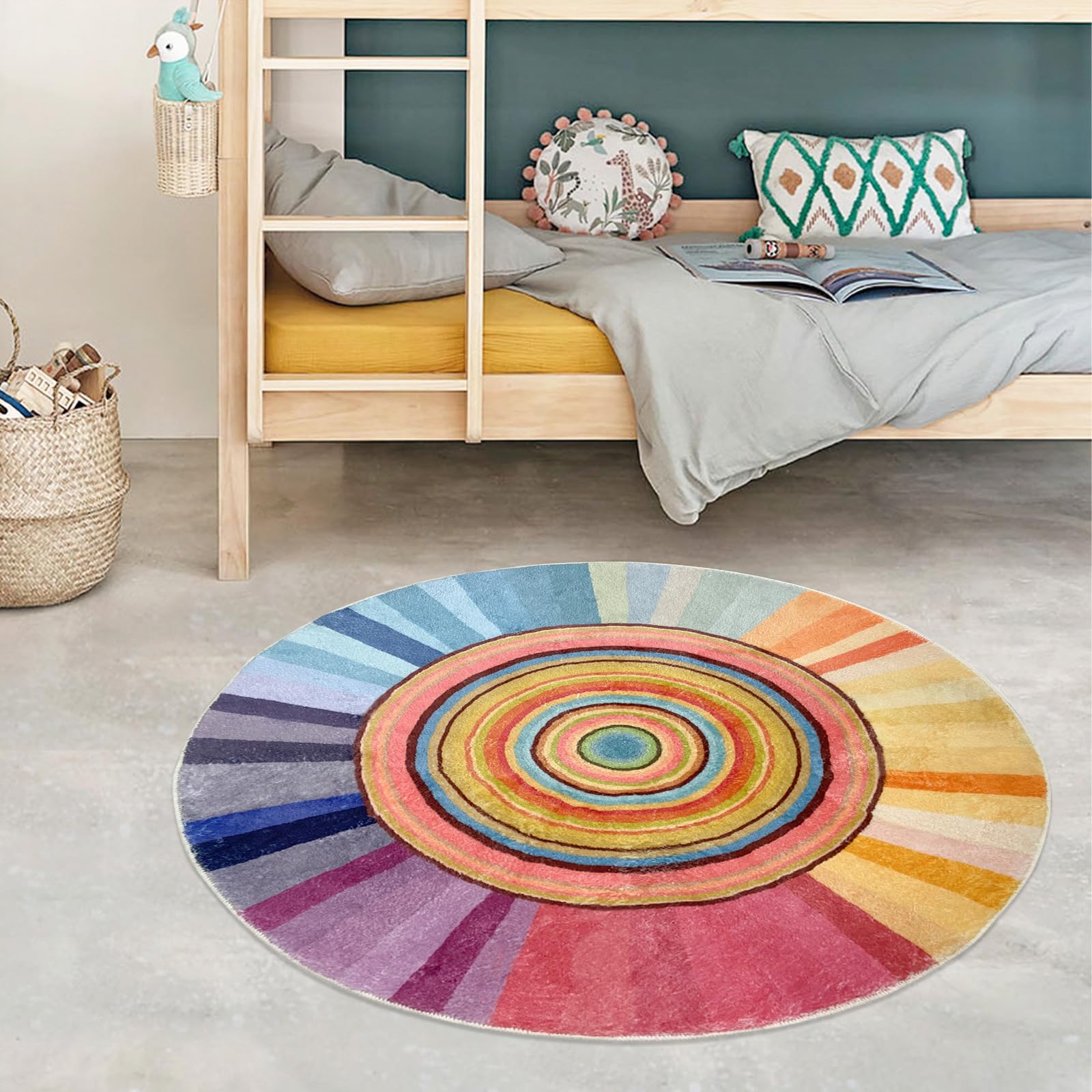 Lacomfy Kids Rug Circle Sun Rug for Girls Bedroom Round Rainbow Nursery Mat 2.6Ft Chic Bedside Carpet for Children Cartoon Crawling Mat for Playroom Indoor Home Decor