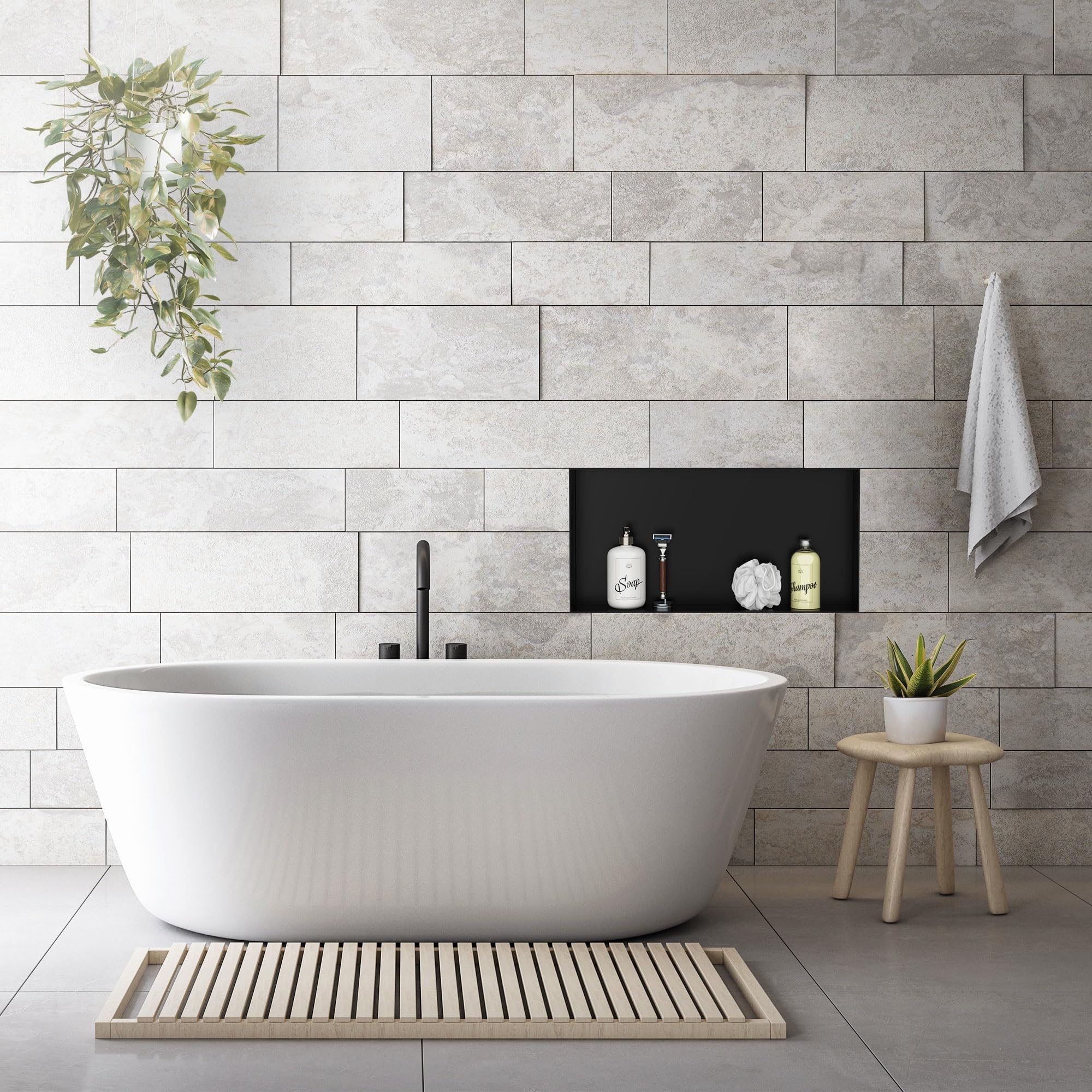 LuxeBath Nicho de Ducha de Acero Inoxidable 60x30x10cm cm Negro Marco de Pared Empotrado Alicatable Estante Integrado Instalación Flexible para Almacenamiento Organizador de Utensilios para Baño