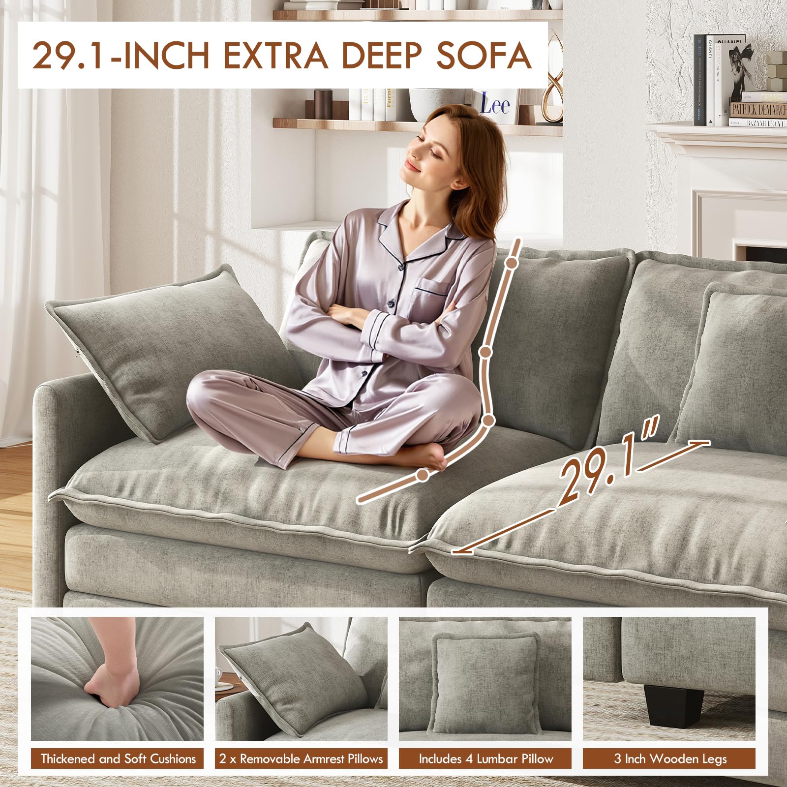146" Cloud Chenille Sectional Sofa 4+2 With Ottomans - Large Modular U-Shape Couch, Deep Seats, Solid Wood Frame