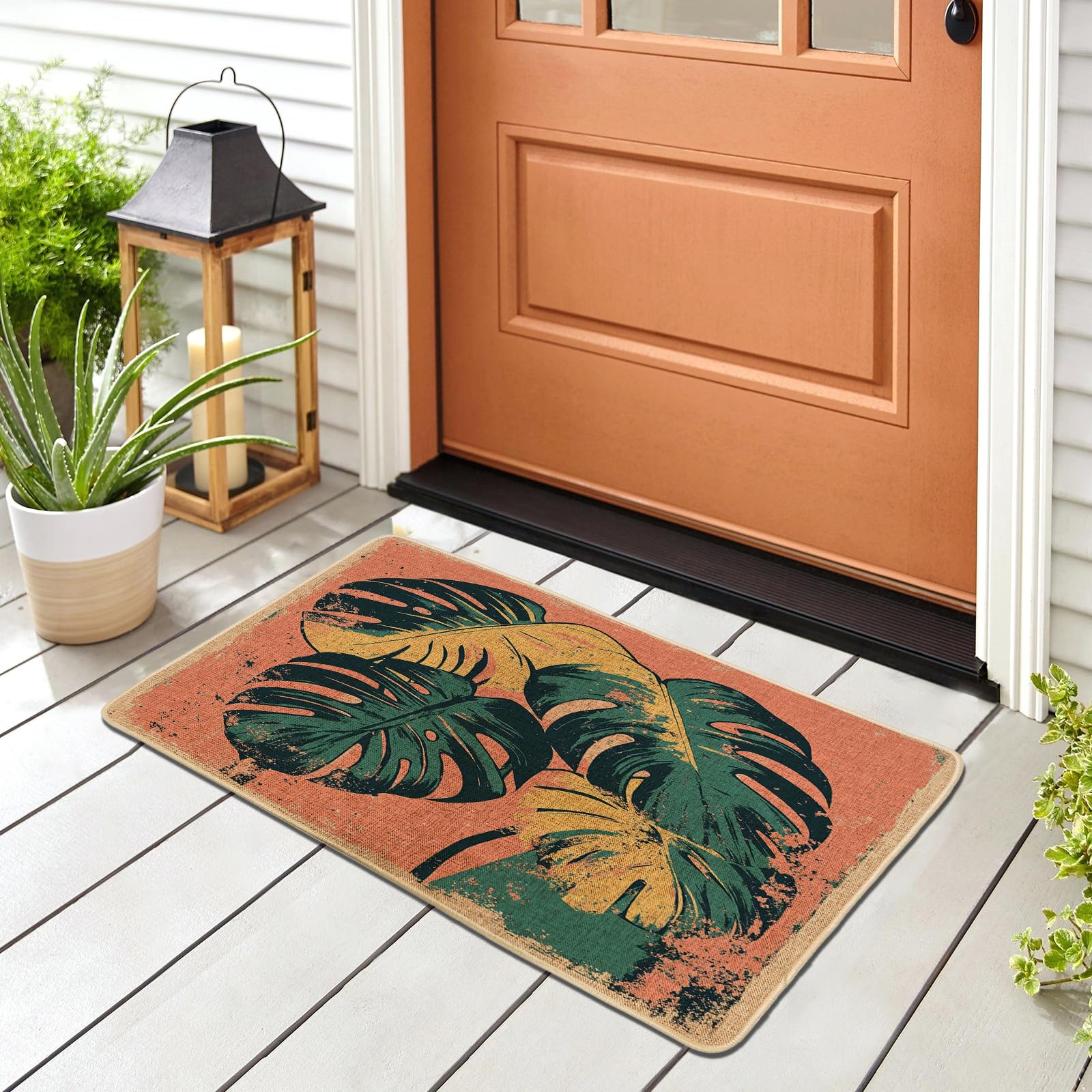 Paillasson tropical Monstera noir 73x43 cm vintage pour entrée stylée