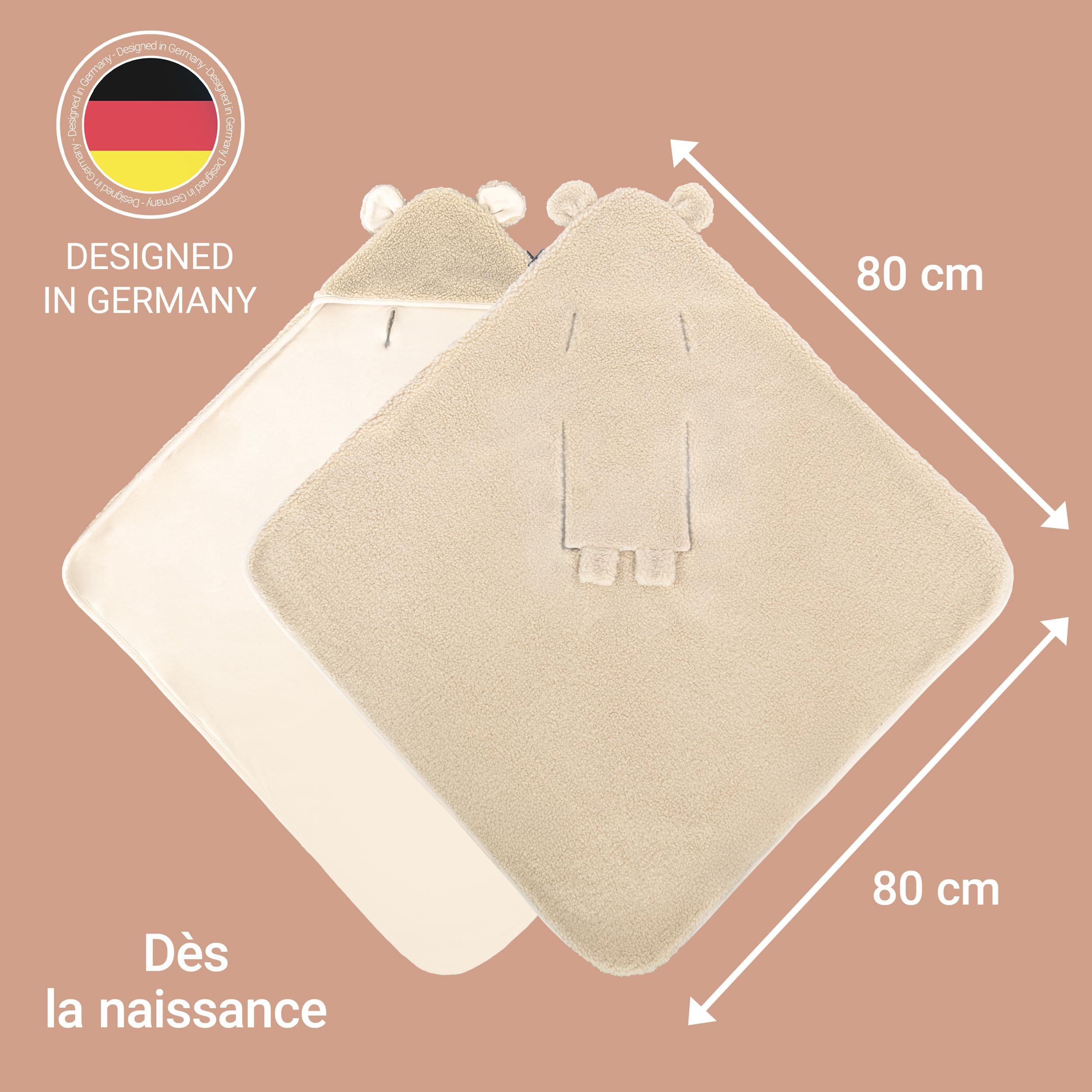 Zamboo Couverture Siege Auto Bebe en Polaire Peluche 80x80 cm – Plaid Bébé Enveloppant avec Fentes Harnais, Oeko-Tex – pour Siège-Auto, Cosy, Nacelle et Poussette – Teddy Beige