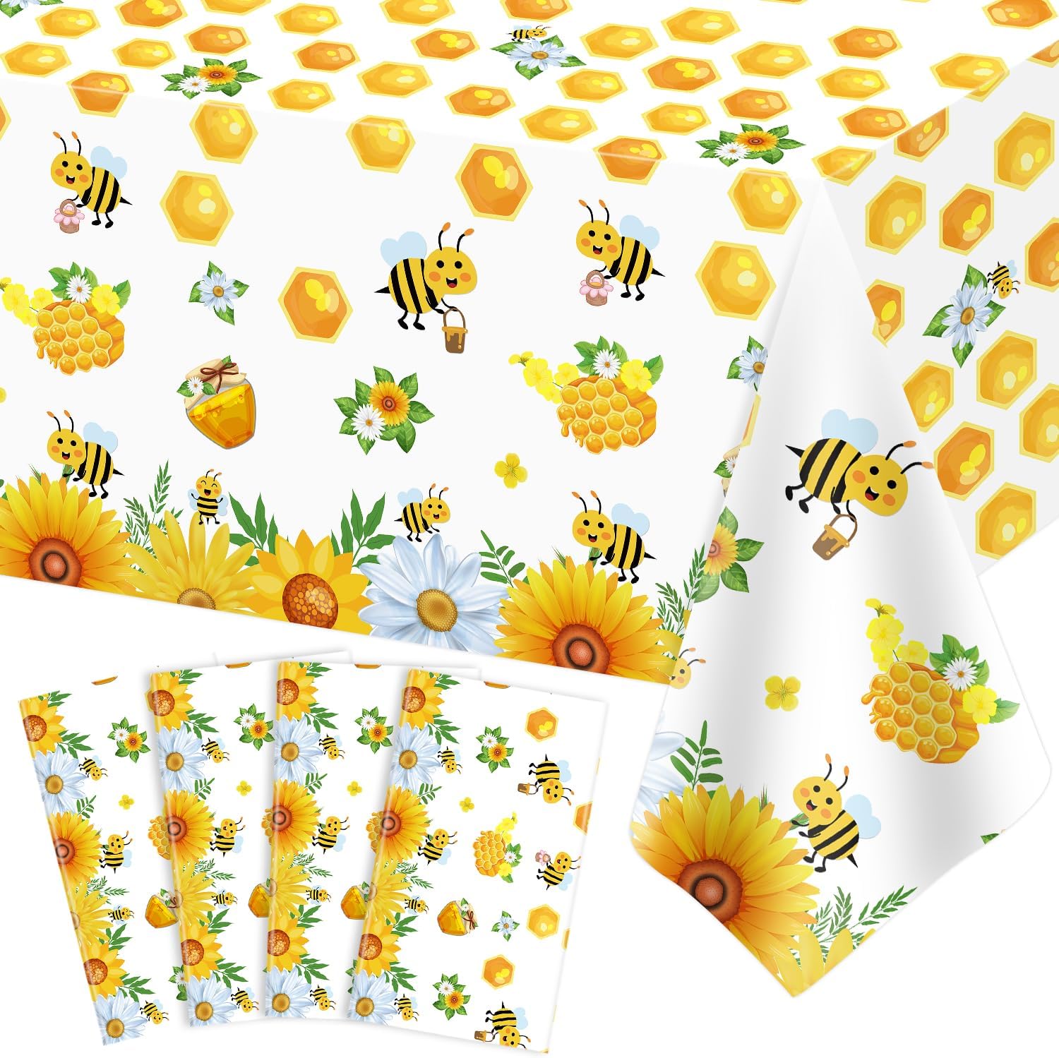4Pcs A Little Bee Tablecloths Bumblebee Tablecloth Happy Bee Day Table Cloths Kind Yellow Table Cover for Kids Birthday Party Baby Shower Bumble Bee Gender Reveal Decorations
