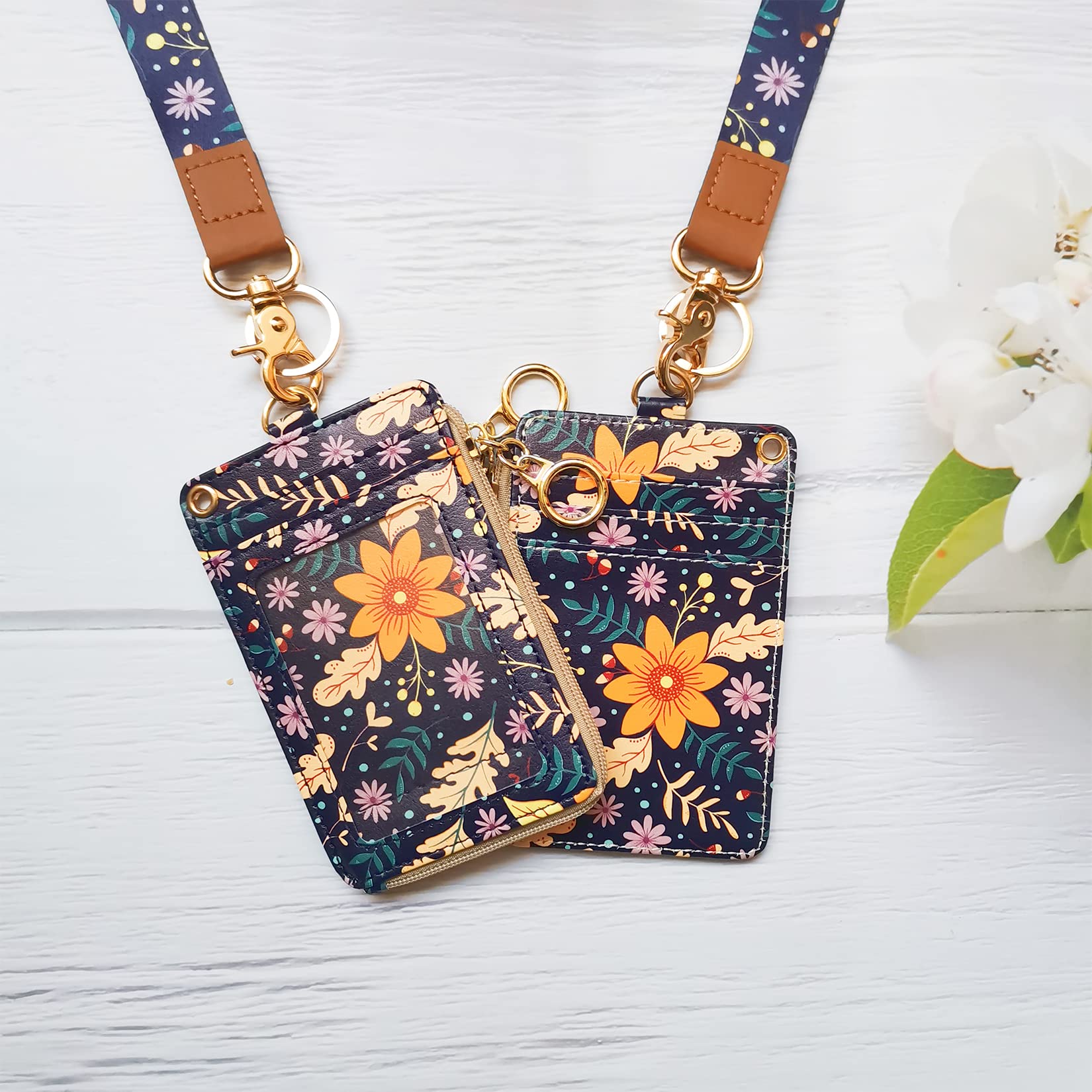 Fashion Lanyard Wallet with Zip ID Case - Badge Holder for Women (Autumn Sunflower) - Image 3
