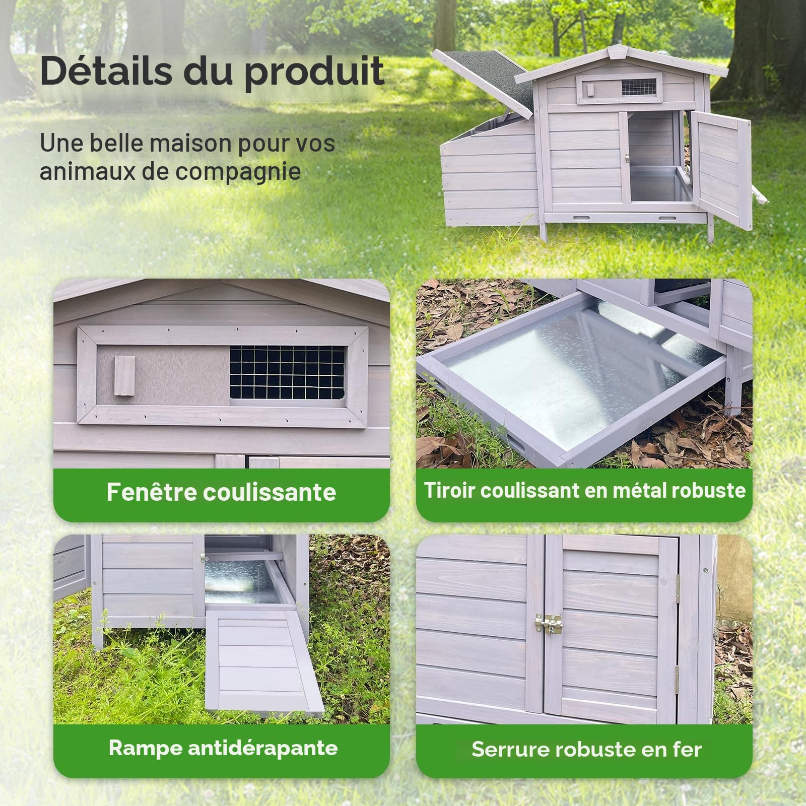 Poulailler résistant à l'hiver 104 x 64 x 71 cm, Poulailler en Bois avec pondoir, Poulailler 2 Poules, Toit isolé et bac à déjections galvanisés, Facile à Nettoyer (Gris)