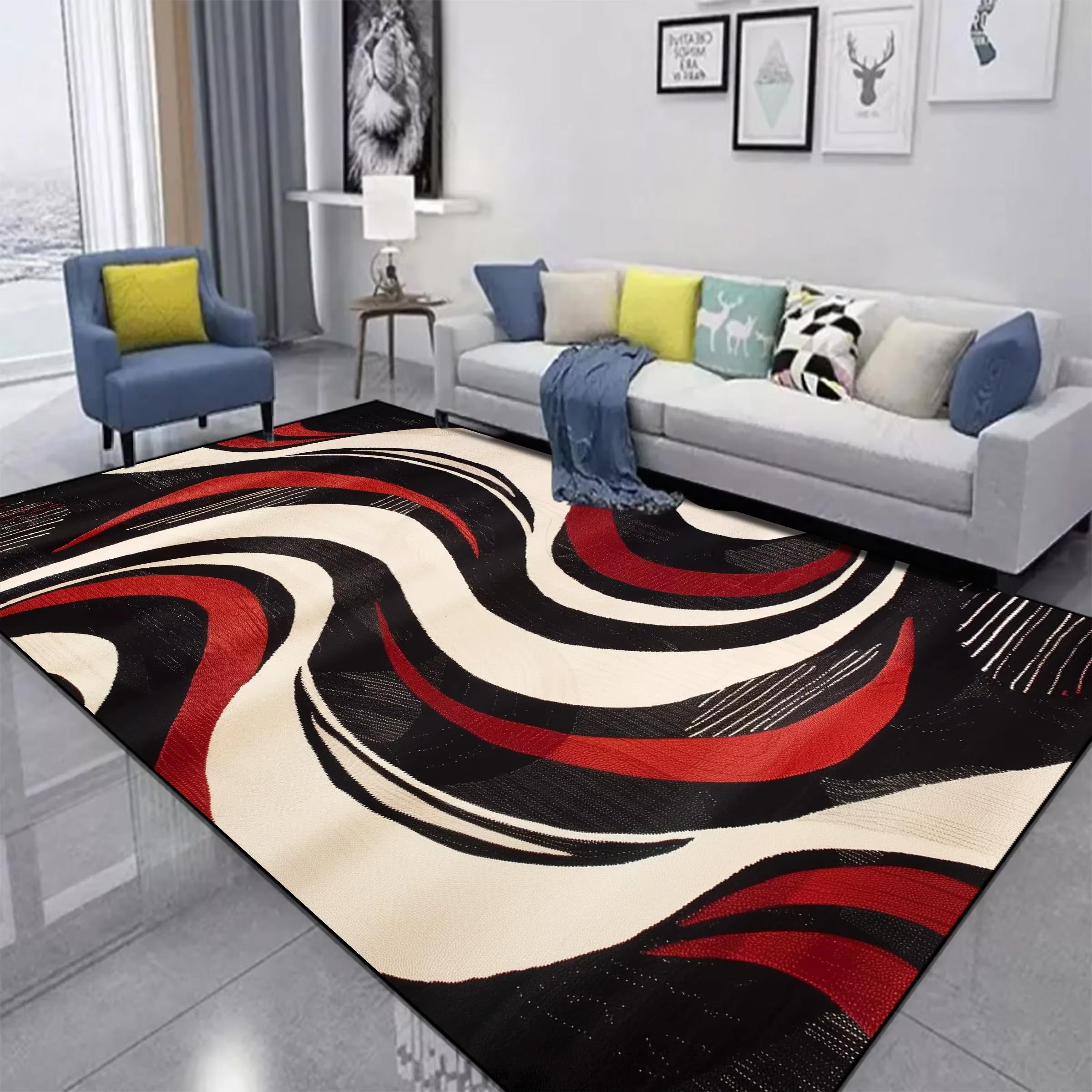 Tapis de table basse abstrait rouge et noir pour décorer un grand salon