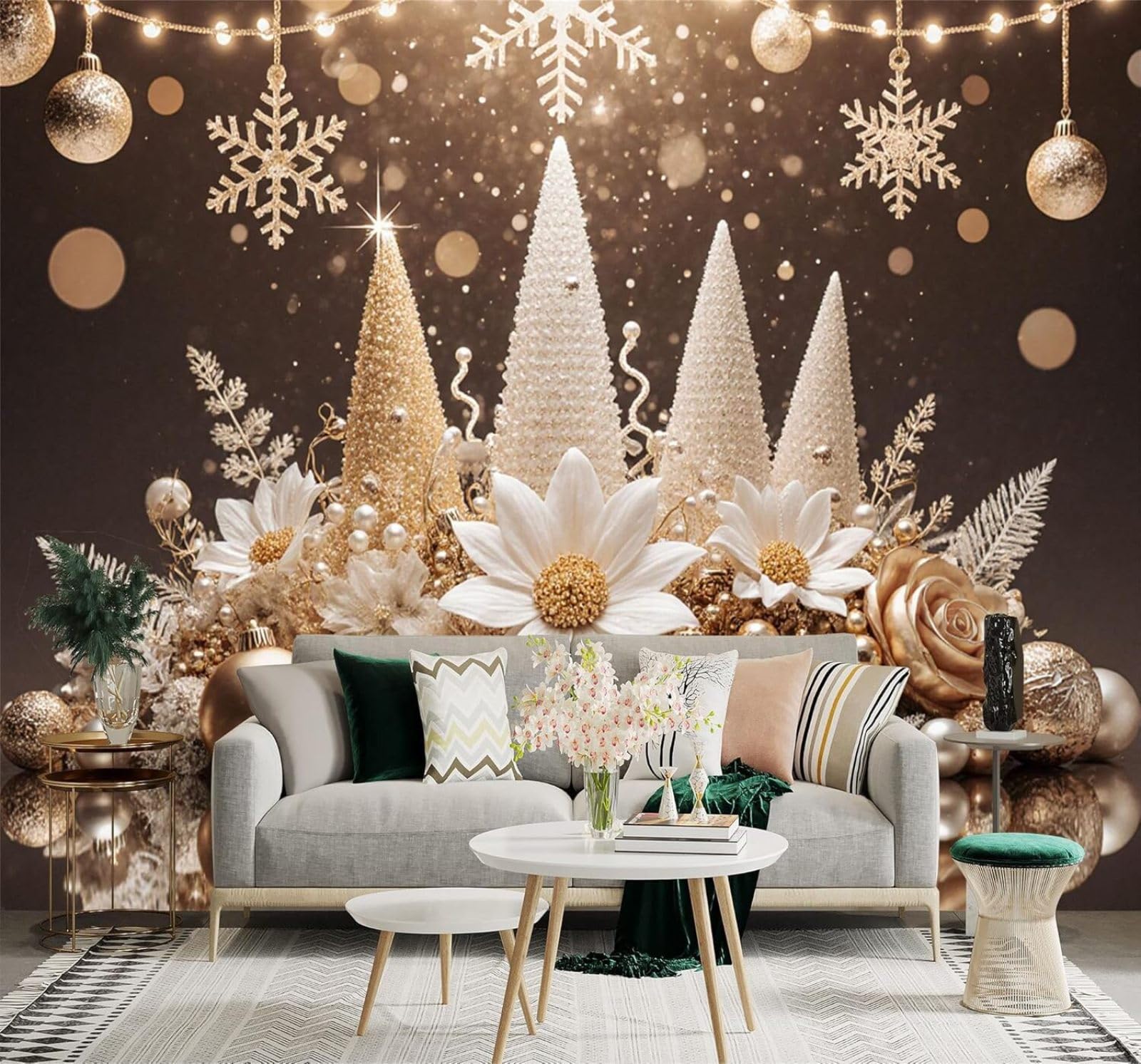 Xlming 150Cm×105Cm(B×H) Elegance Gold Pearls Flowers Snowflakes 3D Wallpaper Silky Texture Home Study Office Grey Dining Room Sofa Bedroom Living Room Tv Backdrop-150Cm×105Cm