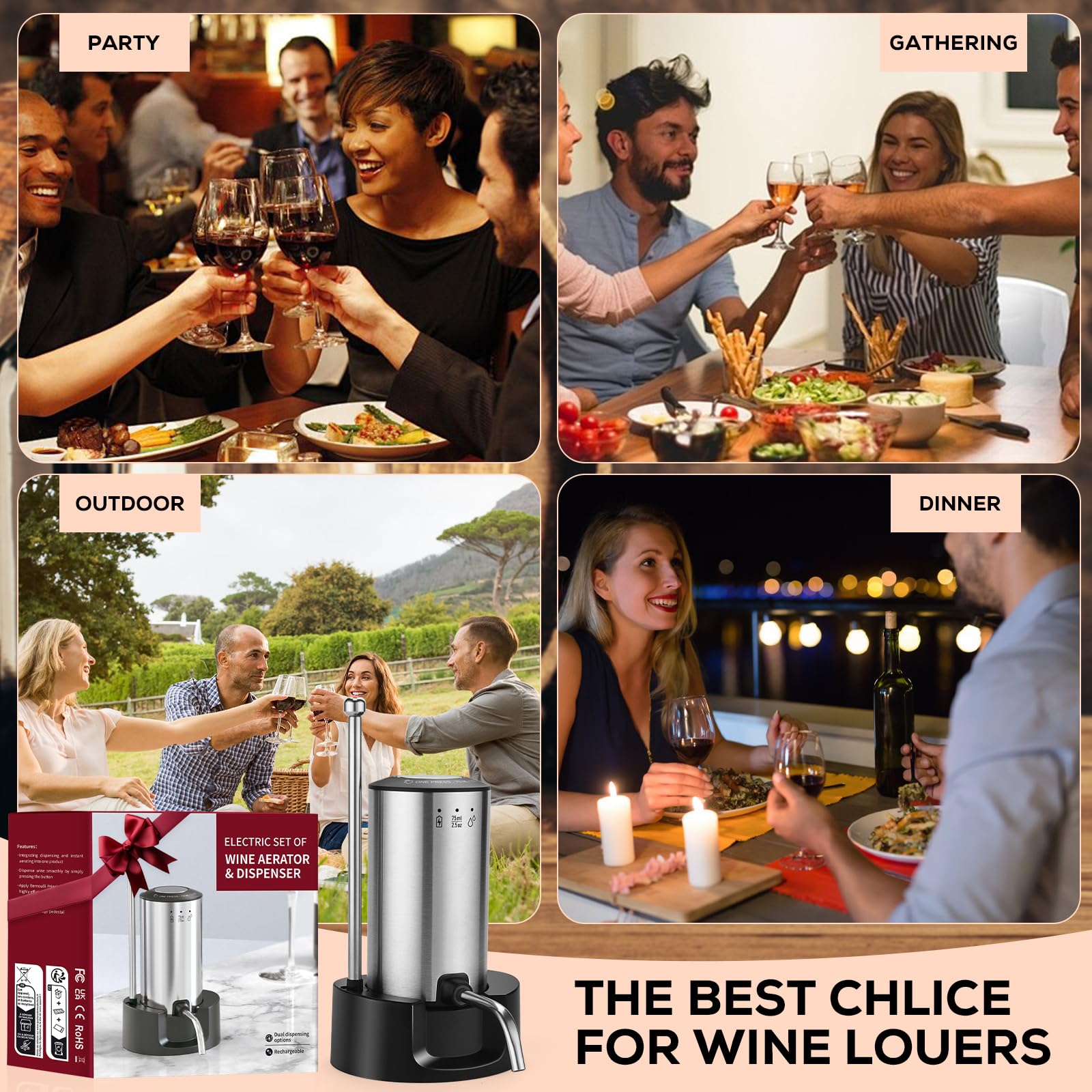 BLUBYEES Aérateur de vin électrique 3 en 1 automatique - Décanteur et distributeur de vin - Bec verseur rechargeable par USB avec contrôle précis du versement - Cadeau pour les amateurs de vin pour