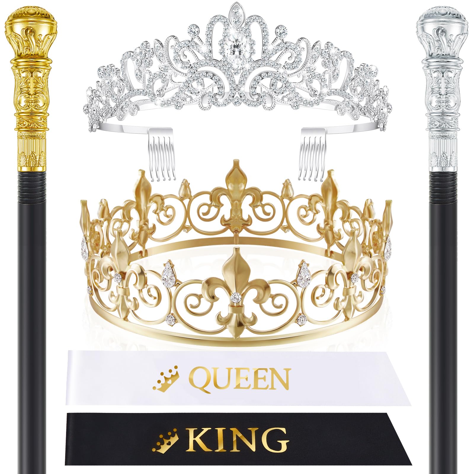 6 Pcs Prom King and Queen Crowns Set Homecoming Costume Walking Cane Sashes for Halloween Birthday Party