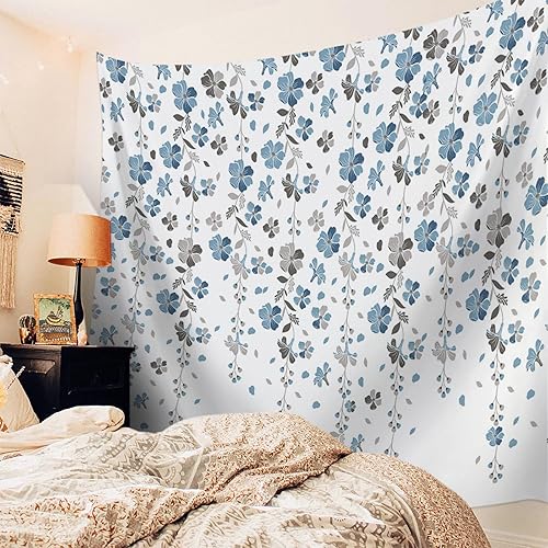 Miniatura 3 de Tapiz para colgar en la pared, tapices florales azules y grises, tapiz estético de flores de primavera para dormitorio, sala de estar, dormitorio