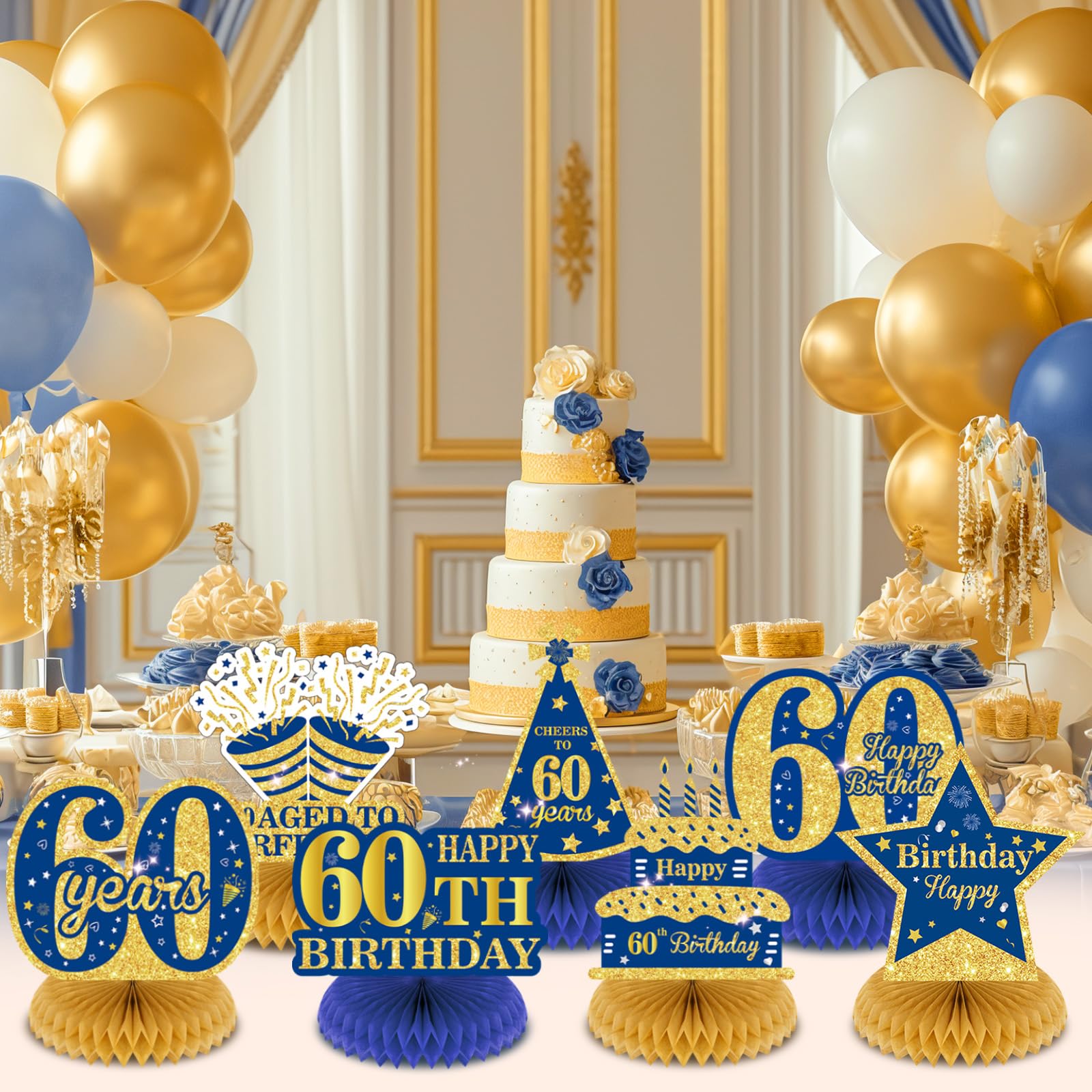 9-Piece Blue Silver 60th Birthday Centerpieces - Honeycomb Table Decorations Set
