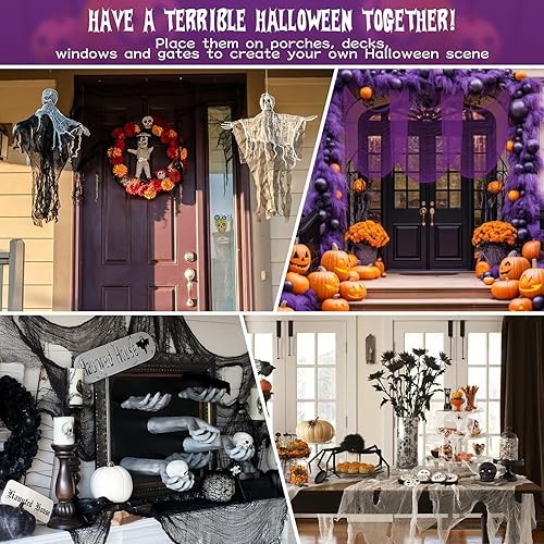 Miniatura 7 de Riare Paquete de 12 paños espeluznantes de Halloween de 30 x 75 pulgadas, tela espeluznante de gasa negra para fiesta de Halloween, casa encantada