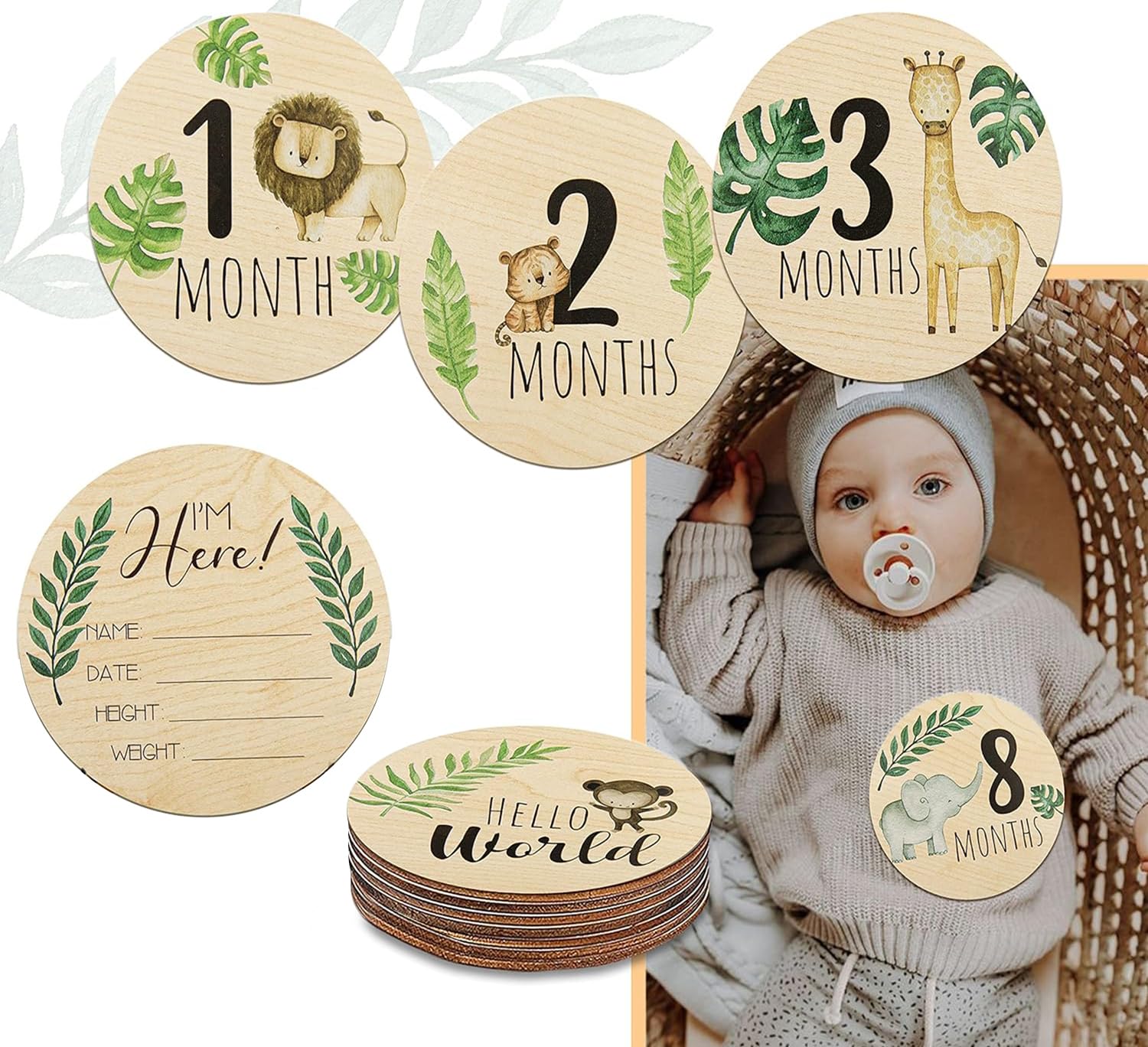 Wooden Baby Monthly Milestone Marker Discs with Announcement Sign - Reversible Photo Props, Newborn Baby Growth & Pregnancy Growth Card, 1-12 Month, Gender-Neutral Gift, Classic Cursive Script Discs