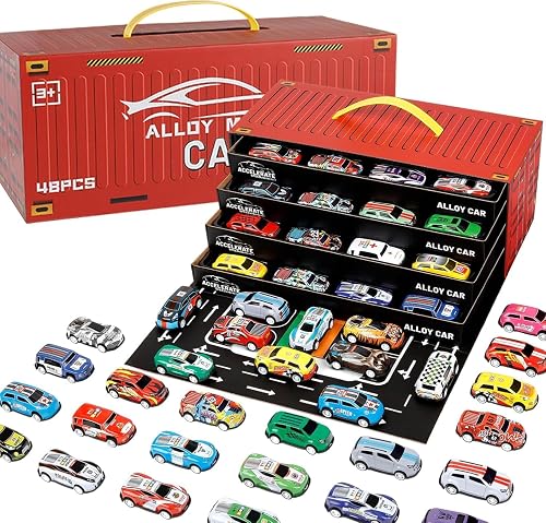 Brigand 48pcs Mini Alloy Die-Cast Cars Set with Storage Box – Assorted Metal Pull Back Vehicles Toy for Kids, Boys & Girls Ages 3+, Birthday Gift, Travel & Play Organizer Case.(Car Container Track)