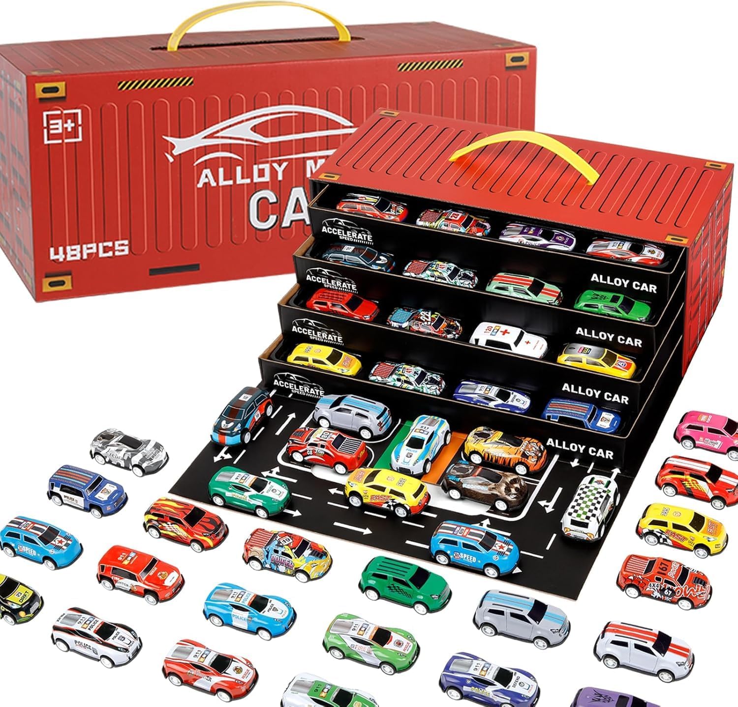Brigand 48pcs Mini Alloy Die-Cast Cars Set with Storage Box – Assorted Metal Pull Back Vehicles Toy for Kids, Boys & Girls Ages 3+, Birthday Gift, Travel & Play Organizer Case.(Car Container Track)-image-38